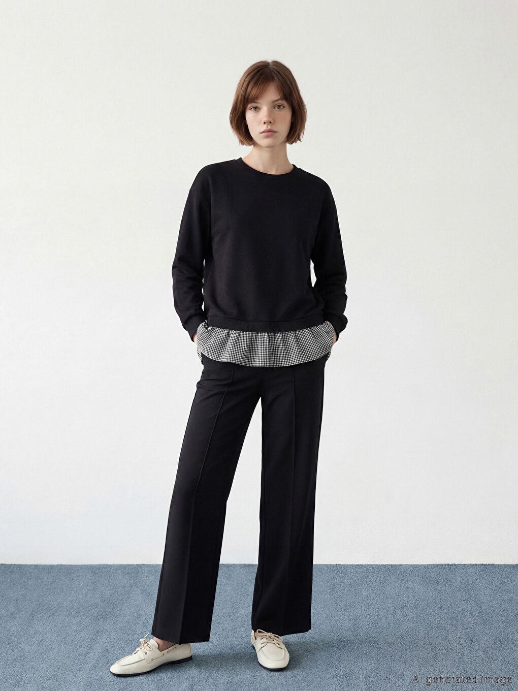 Siyah Bisiklet Yaka Ekose Kadın Sweatshirt Tunik-2