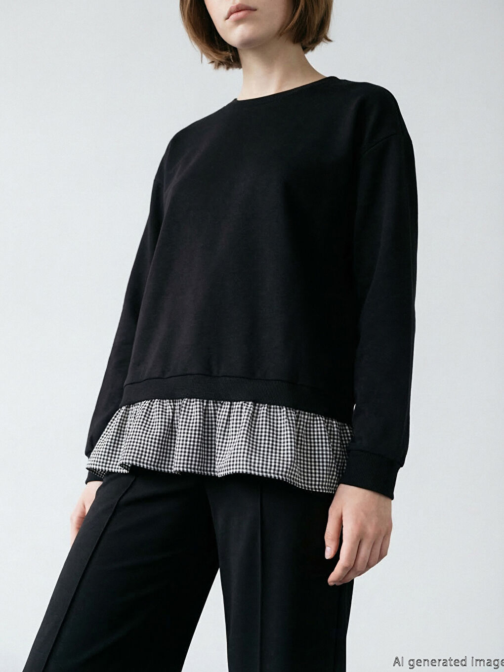 Siyah Bisiklet Yaka Ekose Kadın Sweatshirt Tunik-4