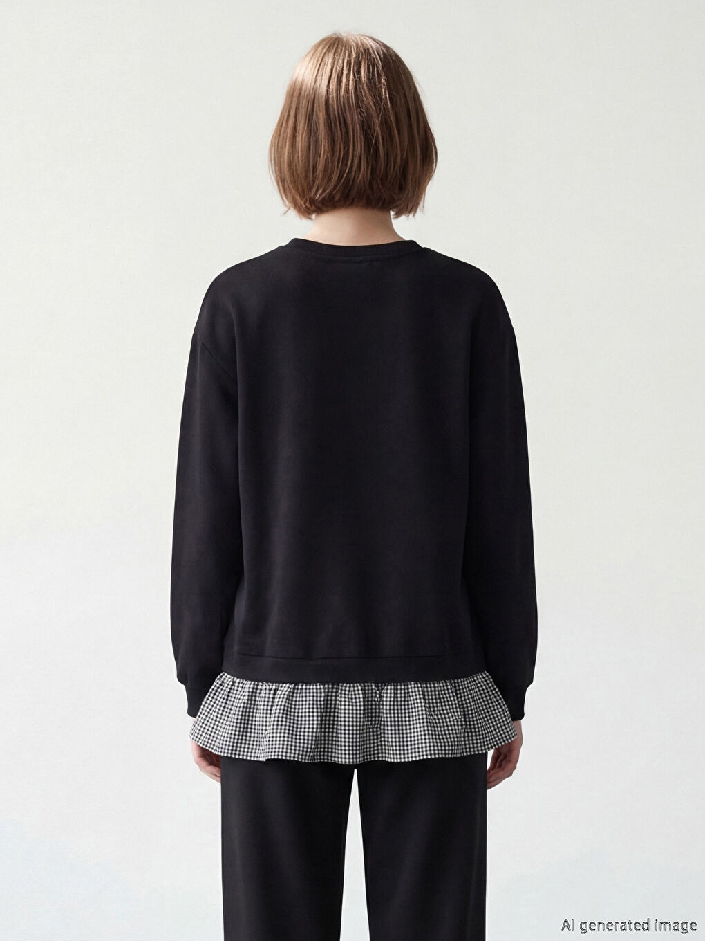 Siyah Bisiklet Yaka Ekose Kadın Sweatshirt Tunik-6