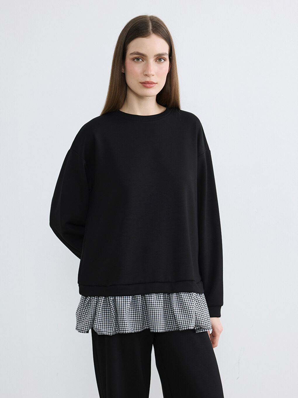 Siyah Bisiklet Yaka Ekose Kadın Sweatshirt Tunik-1