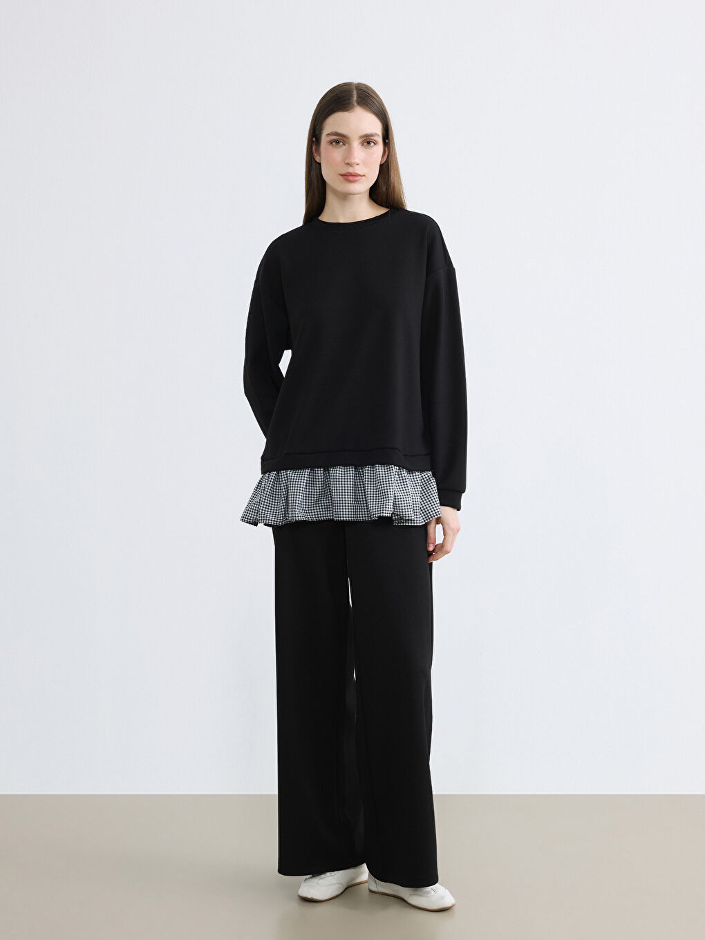 Siyah Bisiklet Yaka Ekose Kadın Sweatshirt Tunik-3