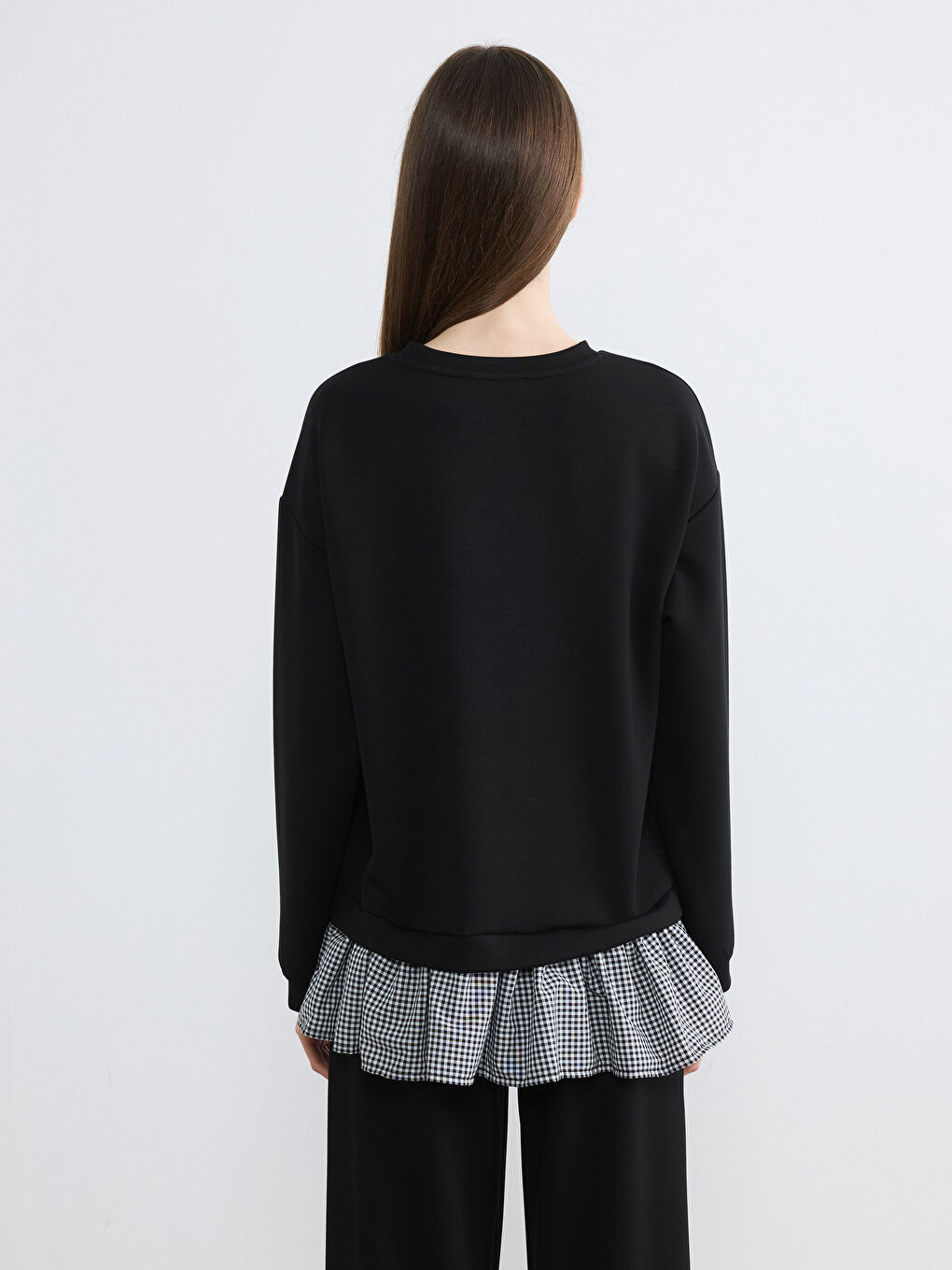 Siyah Bisiklet Yaka Ekose Kadın Sweatshirt Tunik-7