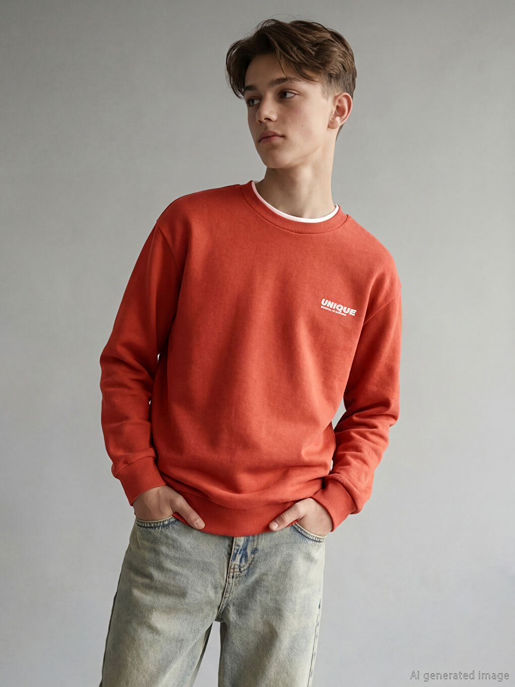 Turuncu Bisiklet Yaka Baskılı Erkek Çocuk Sweatshirt