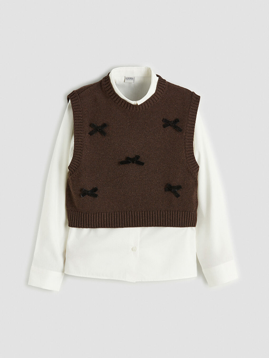 Ekru Fiyonk Detaylı Kız Çocuk Triko Süveter ve Gömlek