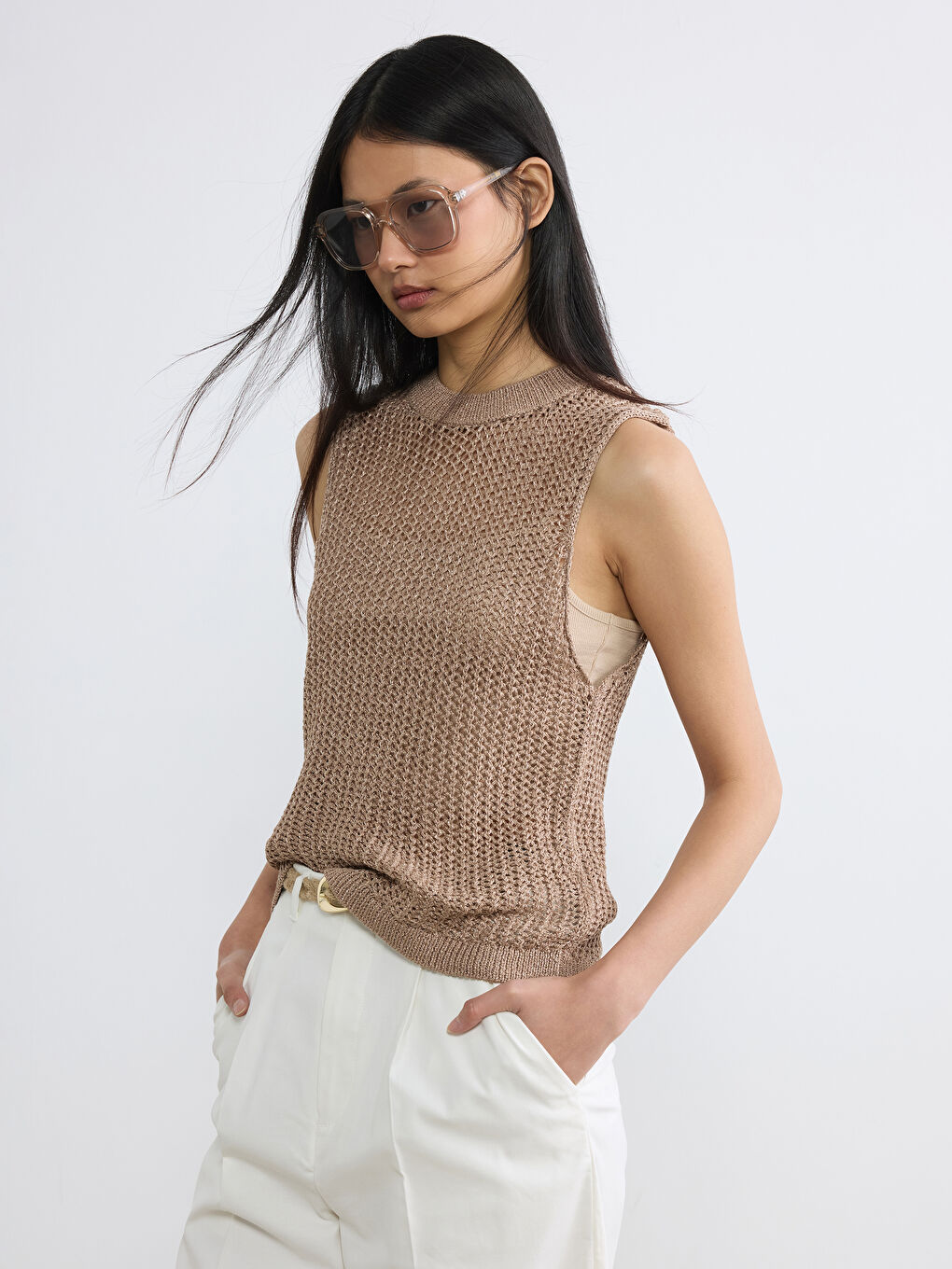 Kahverengi Bisiklet Yaka Ajurlu Kadın Triko Atlet	