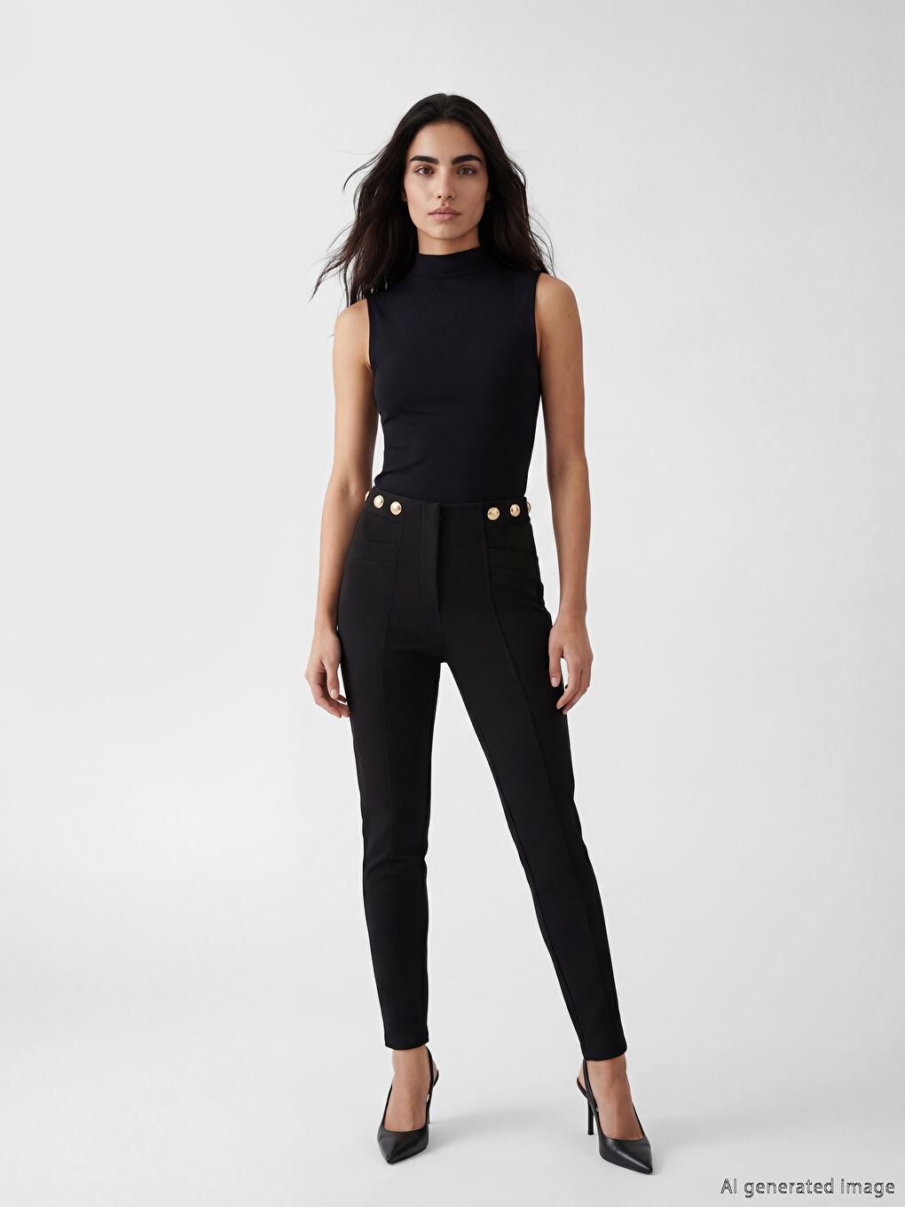 Siyah Düğme Detaylı Kadn Tayt Pantolon