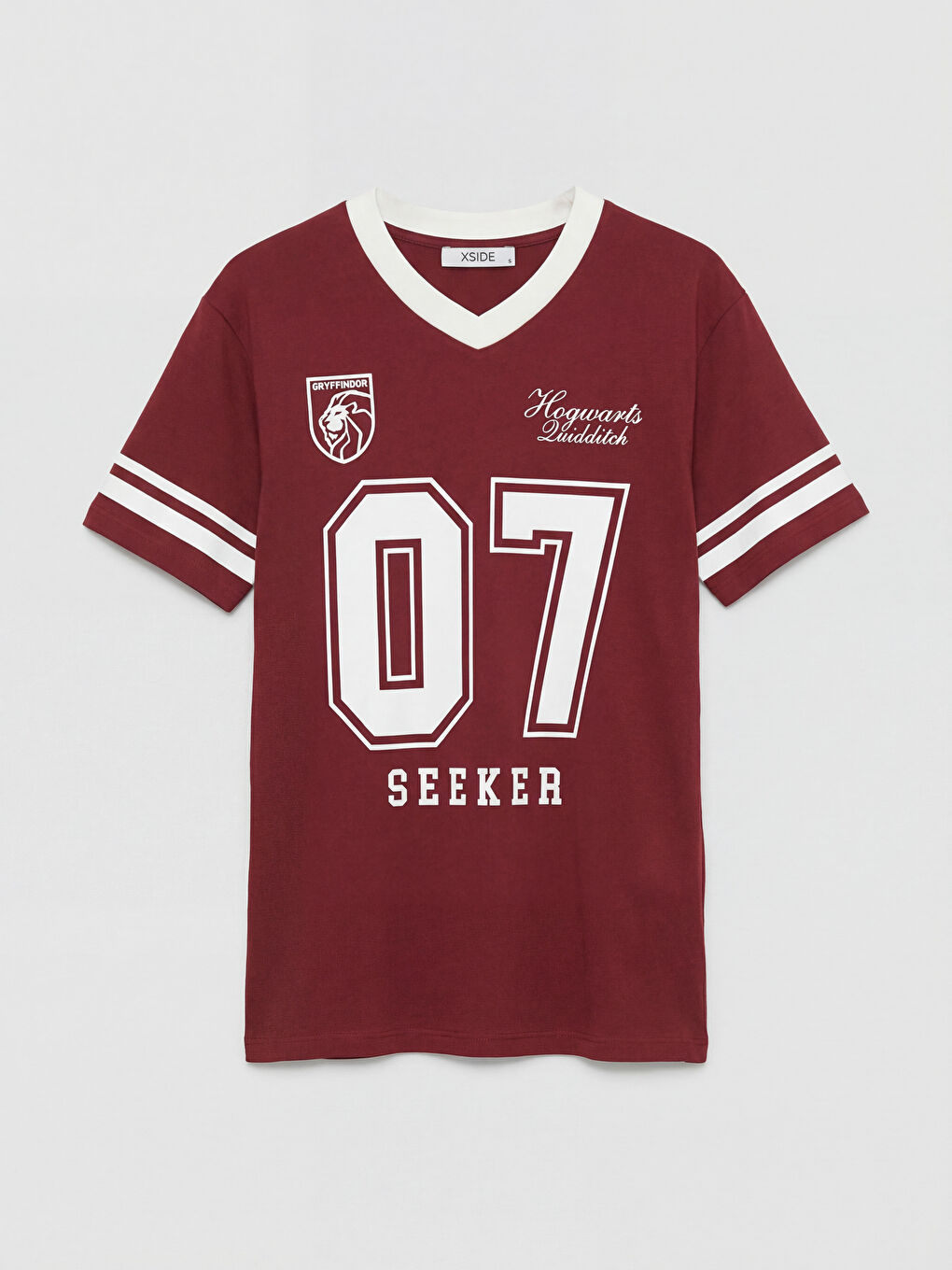 Bordo V Yaka Harry Potter Baskılı Oversize Kadın Tişört