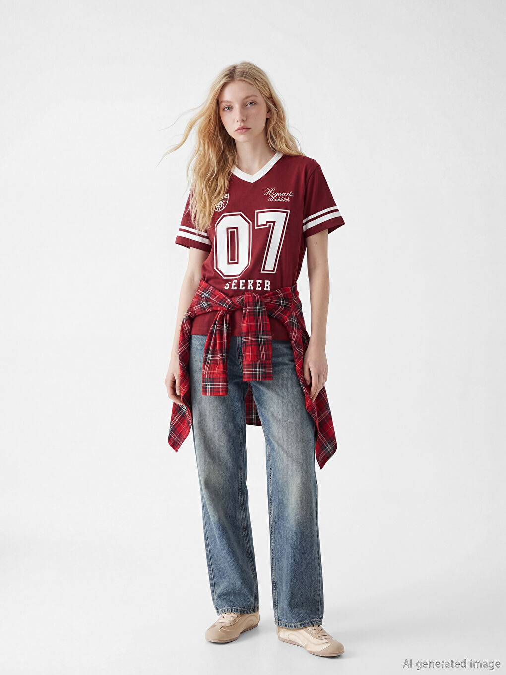 Bordo V Yaka Harry Potter Baskılı Oversize Kadın Tişört-1