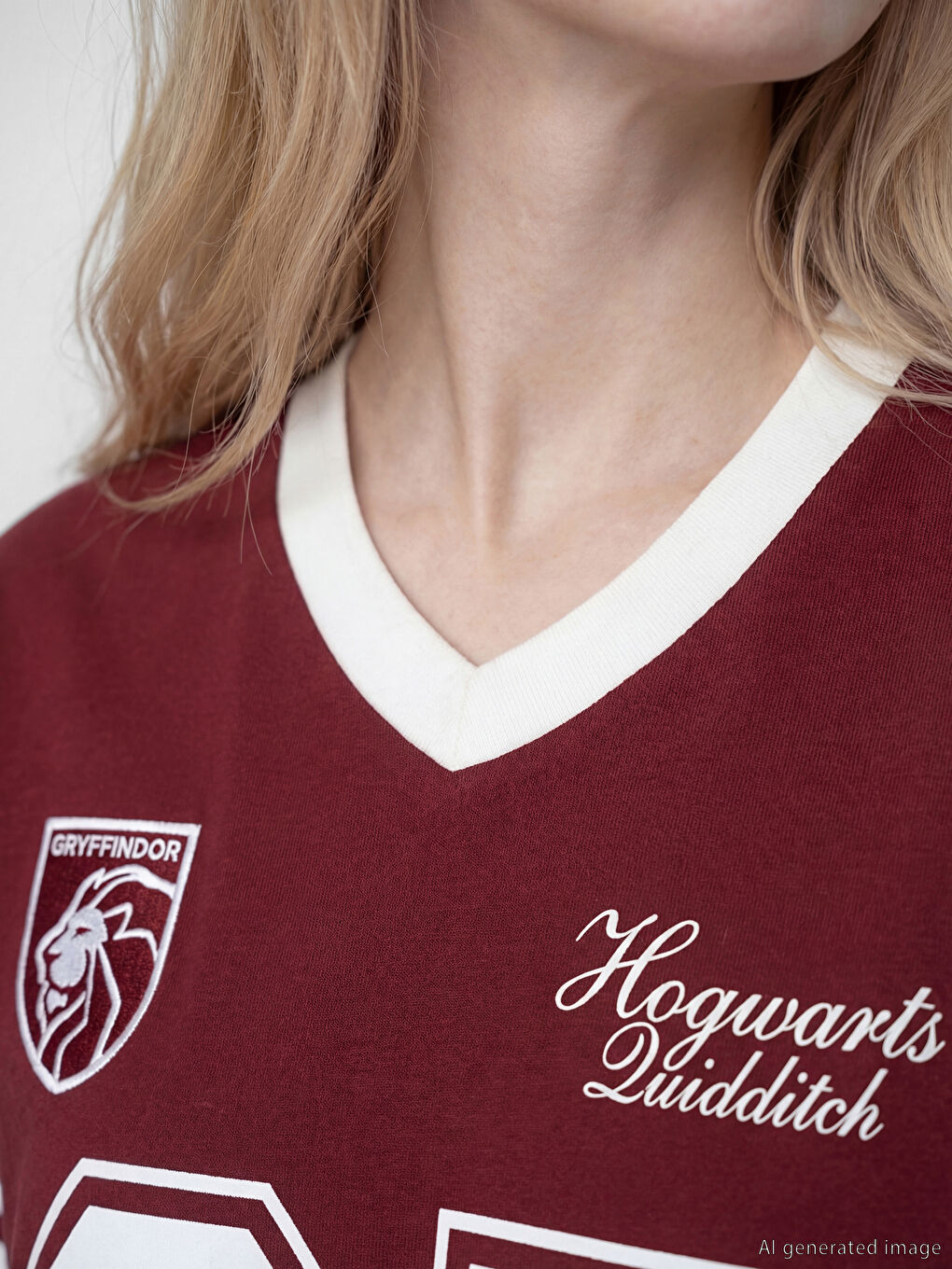 Bordo V Yaka Harry Potter Baskılı Oversize Kadın Tişört-2