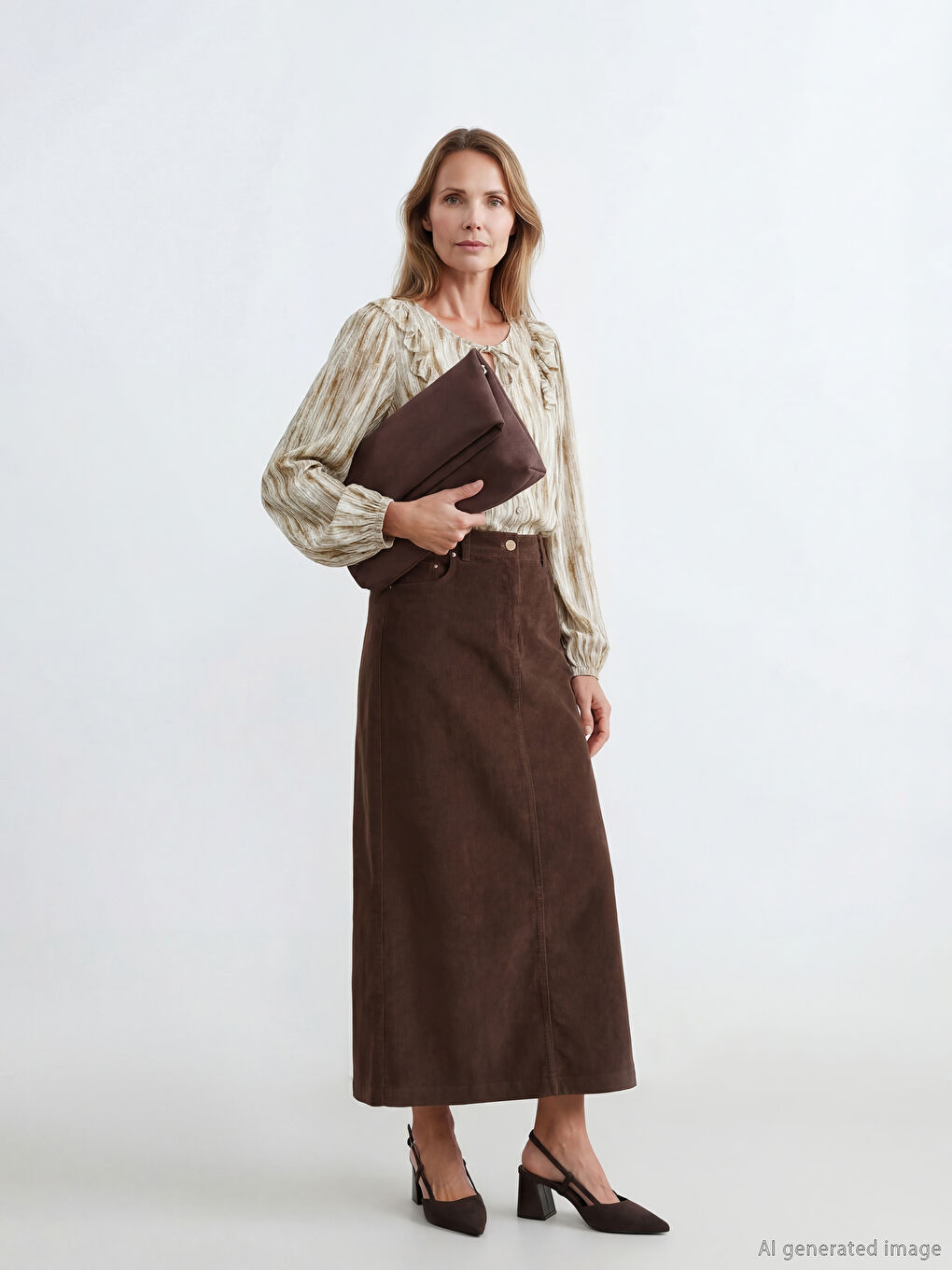 Kahverengi Büyük Beden Standart Fit Fitilli Kadife Etek