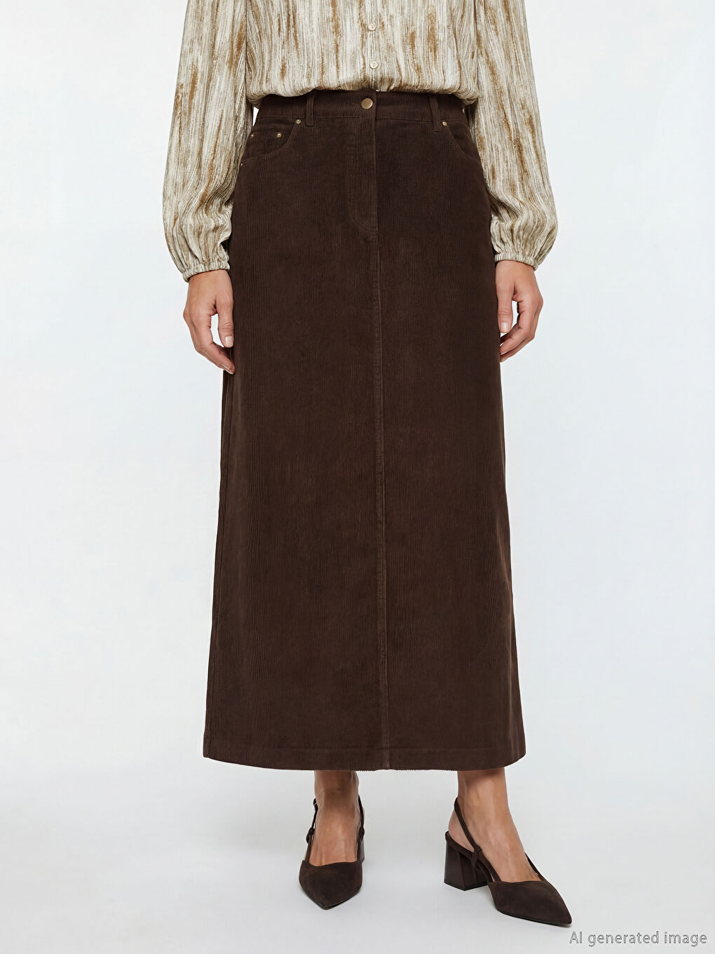 Kahverengi Büyük Beden Standart Fit Fitilli Kadife Etek-2