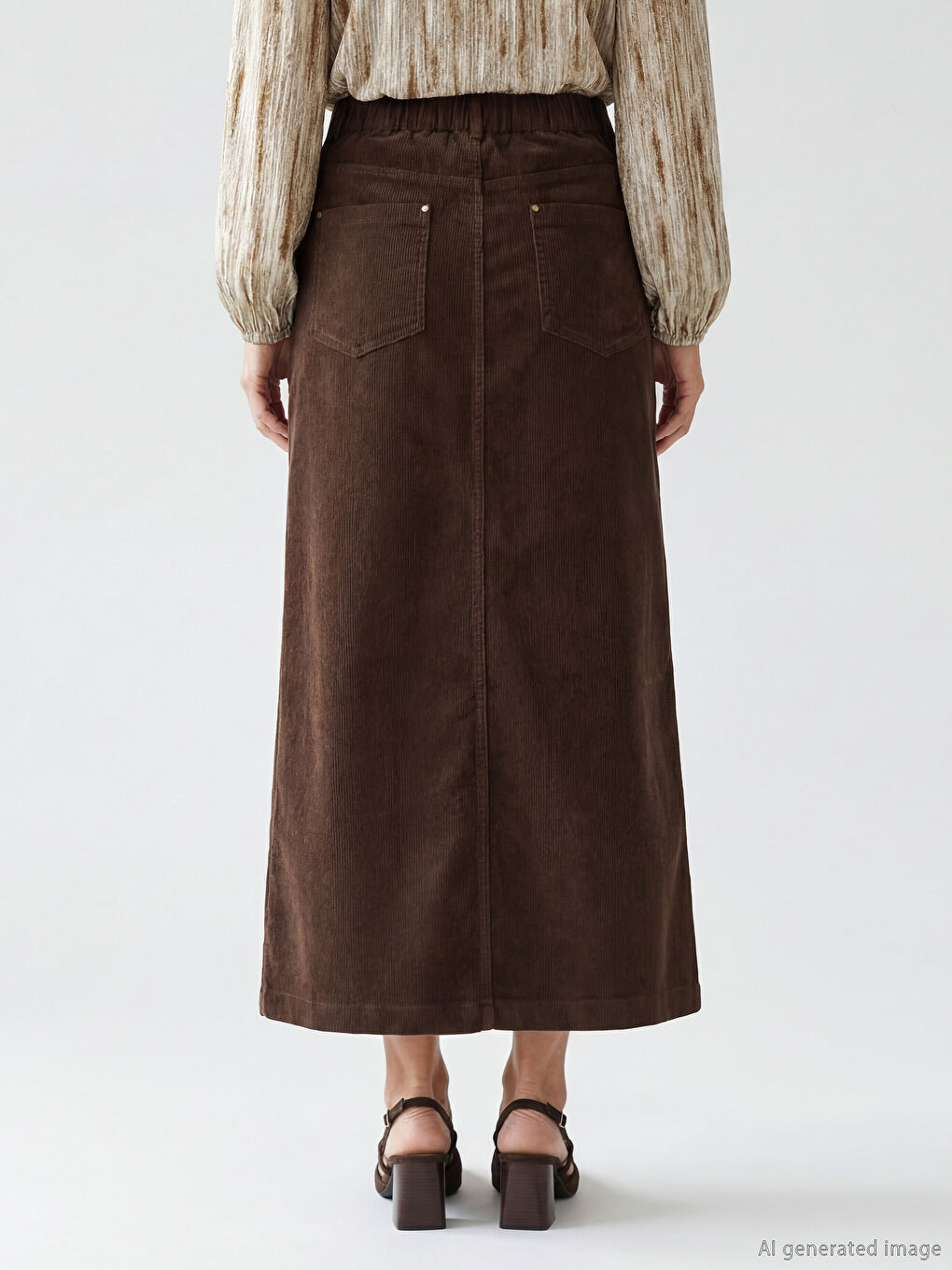Kahverengi Büyük Beden Standart Fit Fitilli Kadife Etek-3
