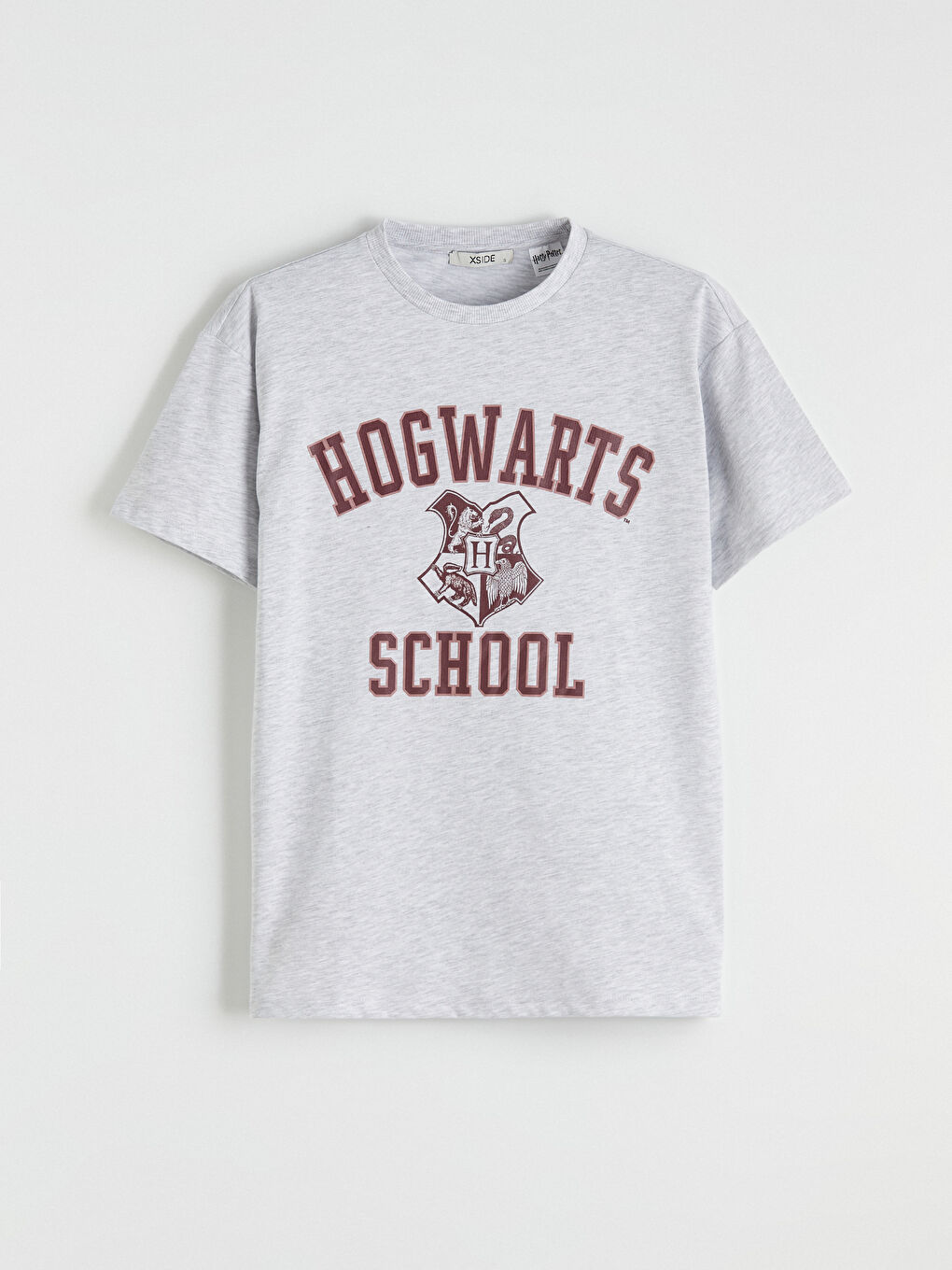 Gri Bisiklet Yaka Harry Potter Baskılı Kadın Tişört