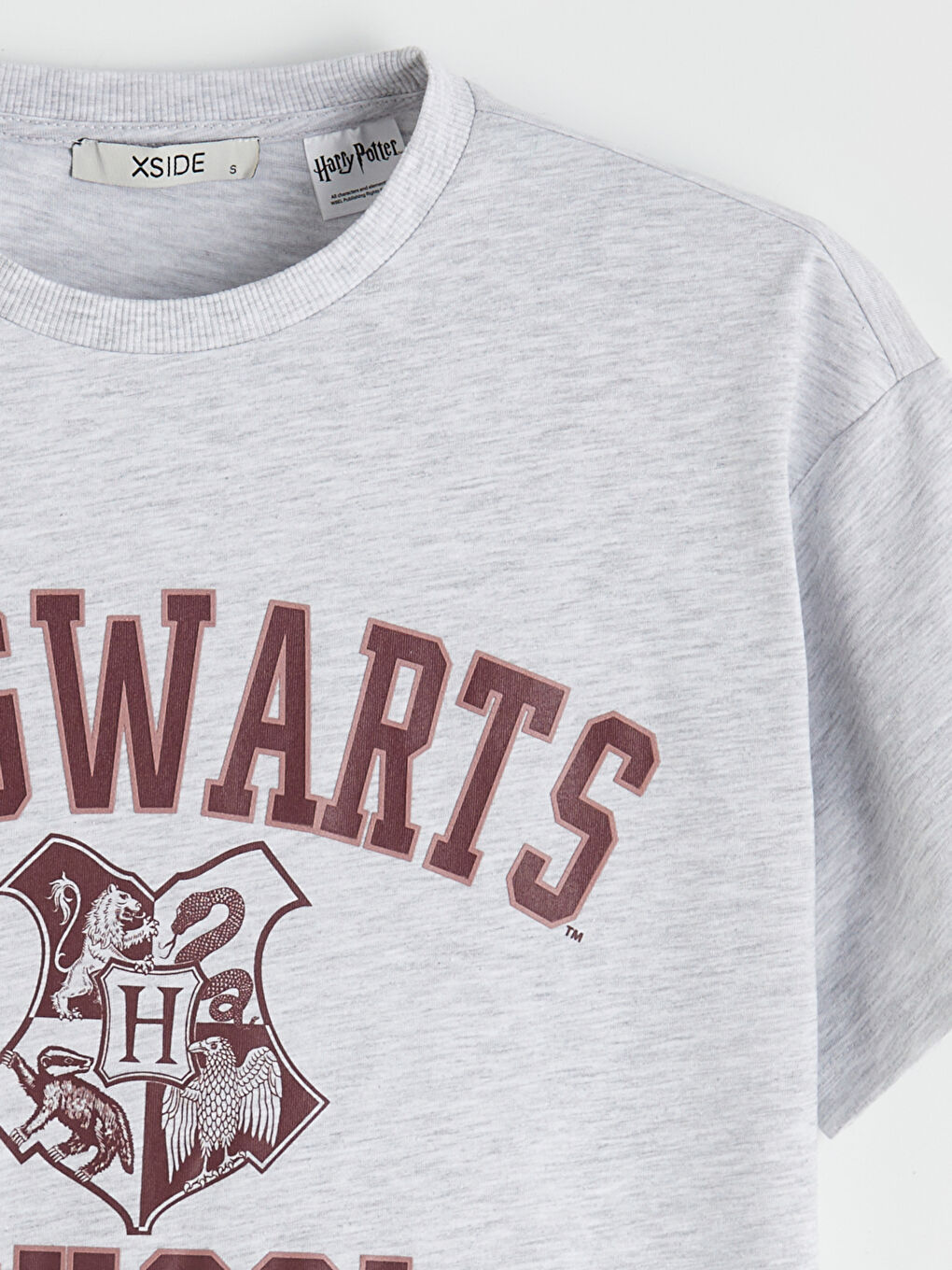Gri Bisiklet Yaka Harry Potter Baskılı Kadın Tişört-1