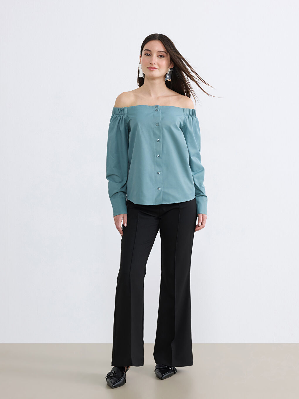 Yeşil Petite Kayık Yaka Büzgülü Bluz-2