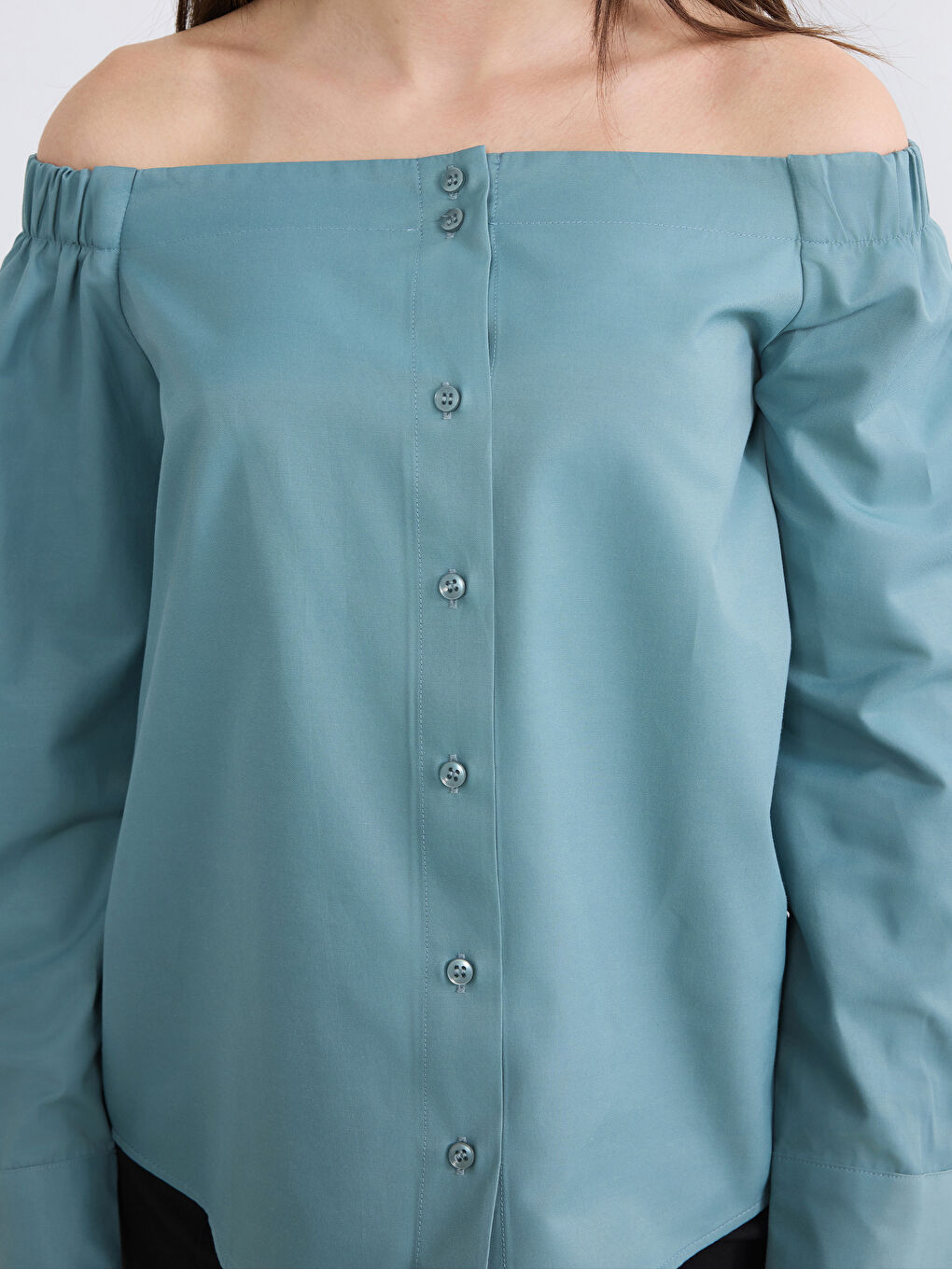 Yeşil Petite Kayık Yaka Büzgülü Bluz-3