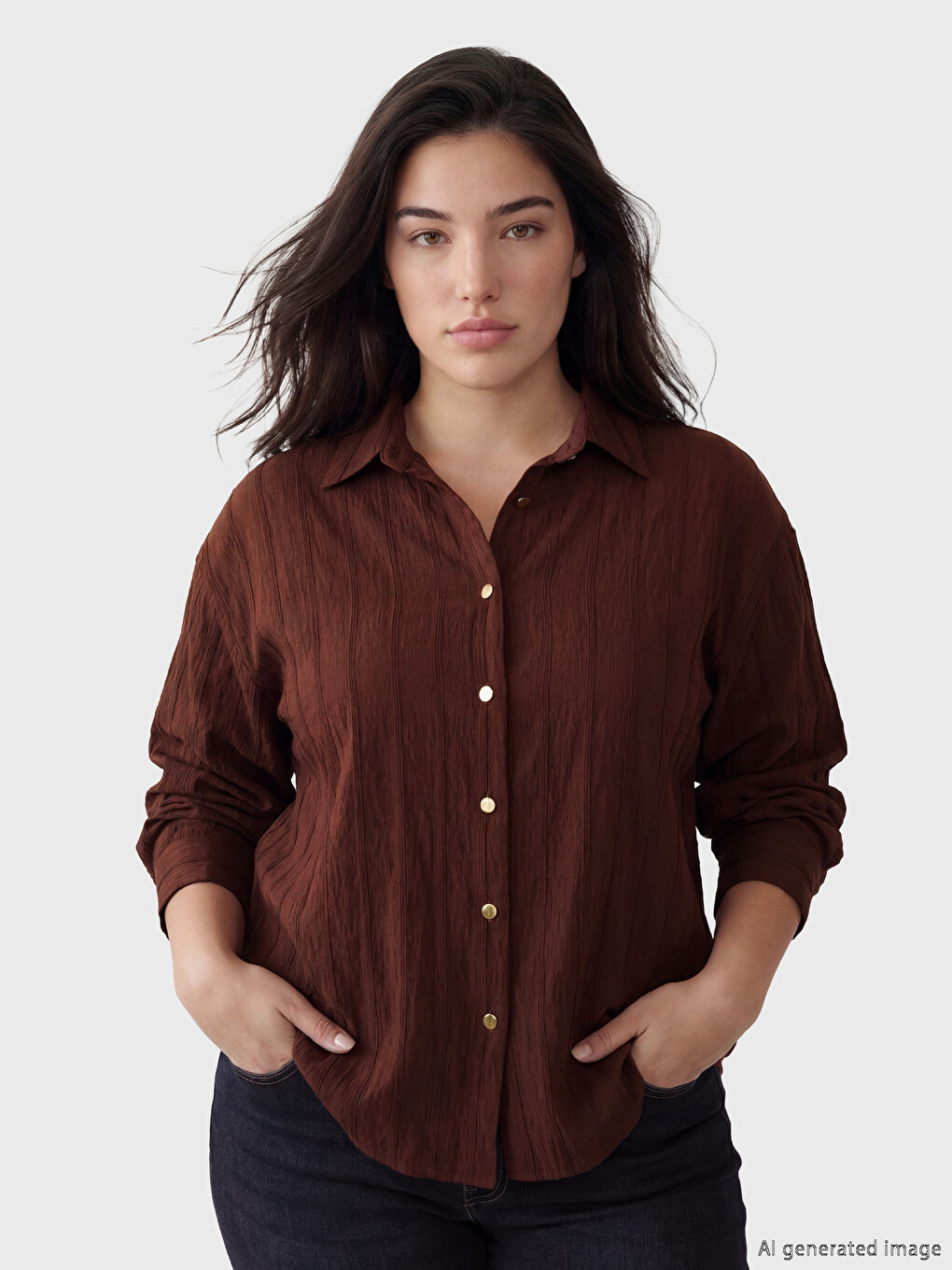 Kahverengi Petite Çizgili Kadın Gömlek-1