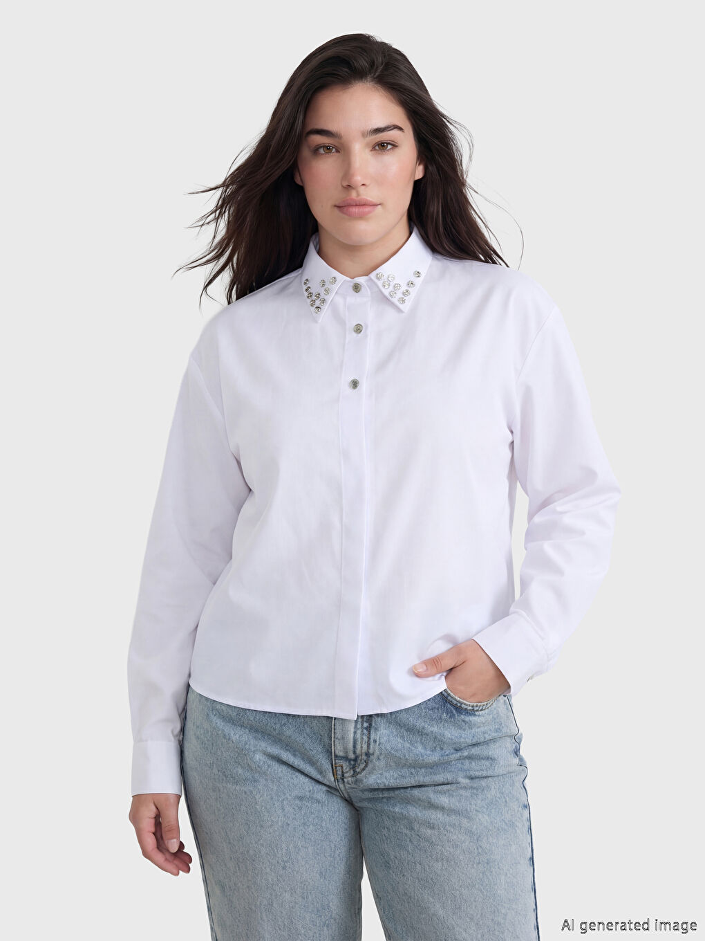 Beyaz Petite Taşlı Kadın Gömlek-1