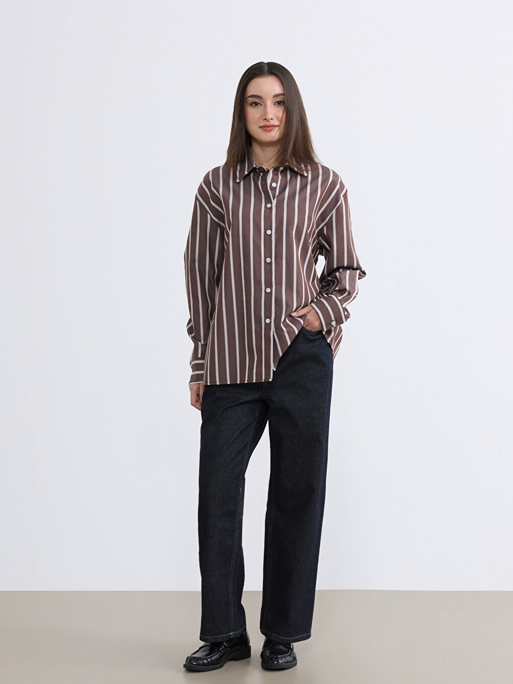 Kahverengi Çizgili Kadın Gömlek-1