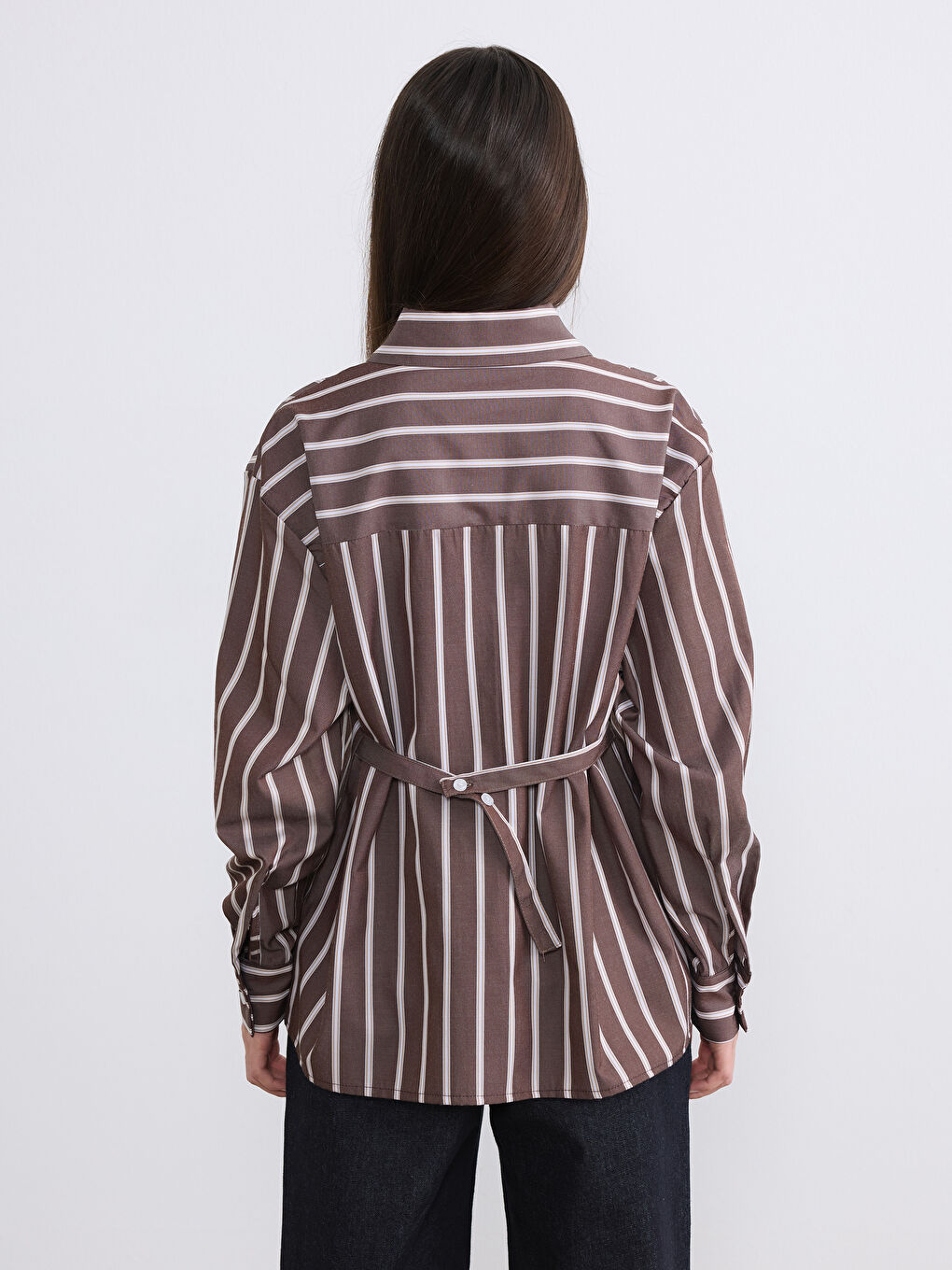 Kahverengi Çizgili Kadın Gömlek-3