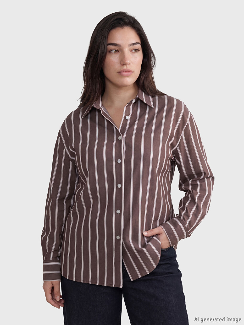 Kahverengi Petite Çizgili Kadın Gömlek-1