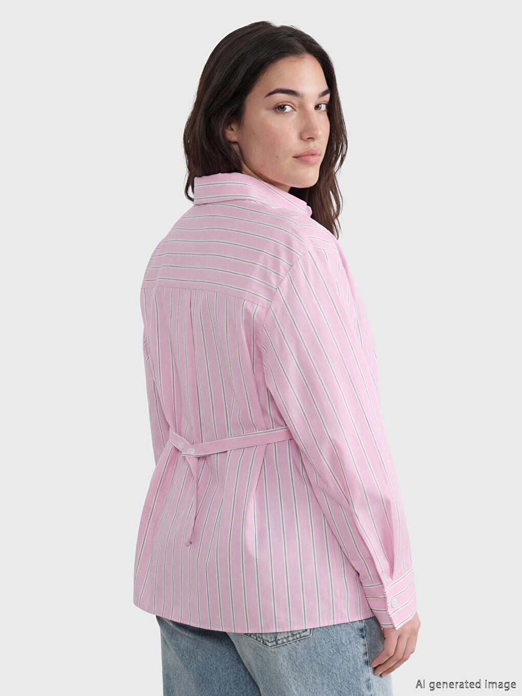 Pembe Petite Çizgili Kadın Gömlek-1