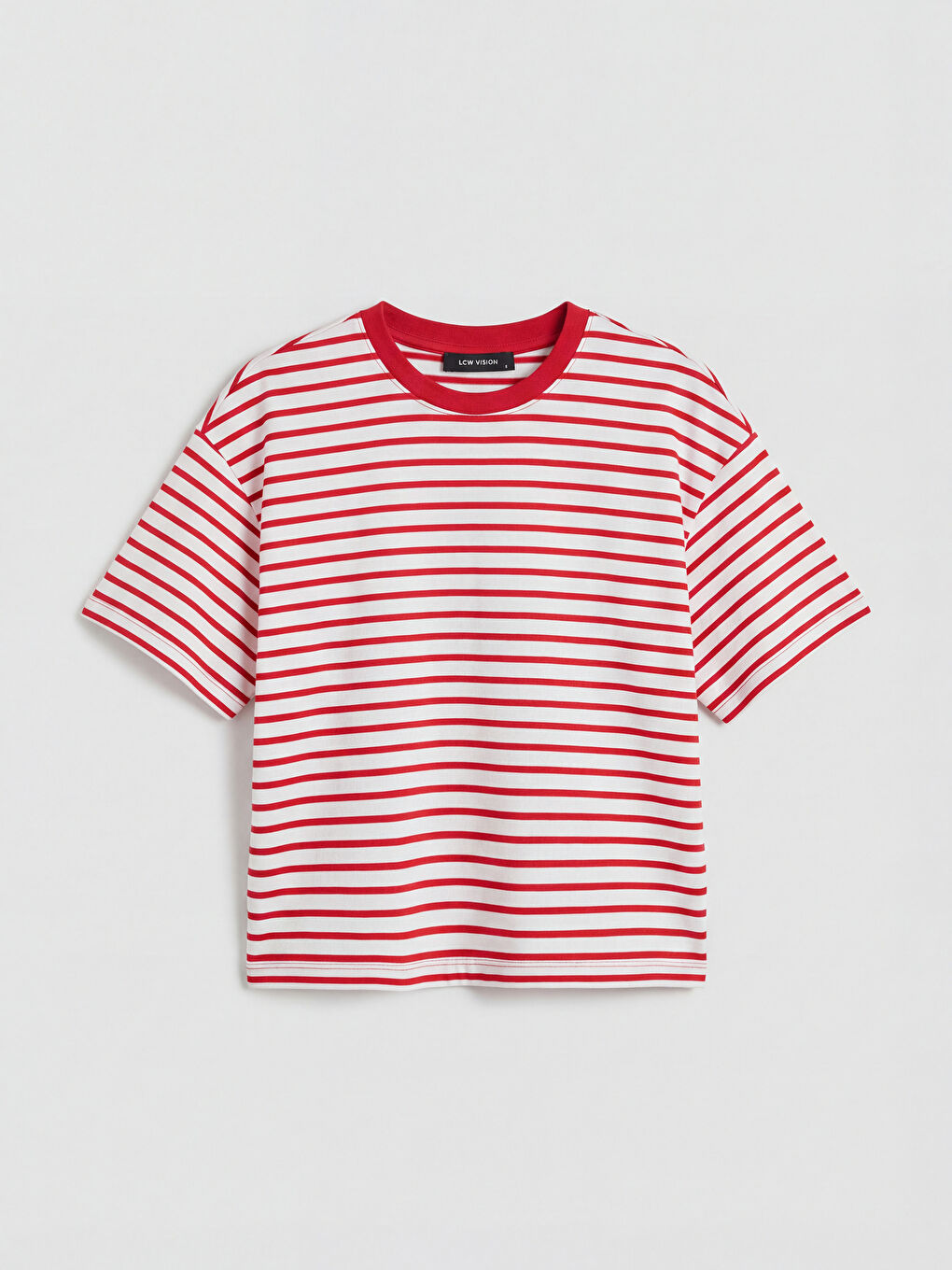 Kırmızı Bisiklet Yaka Çizgili Oversize Kadın Tişört-3