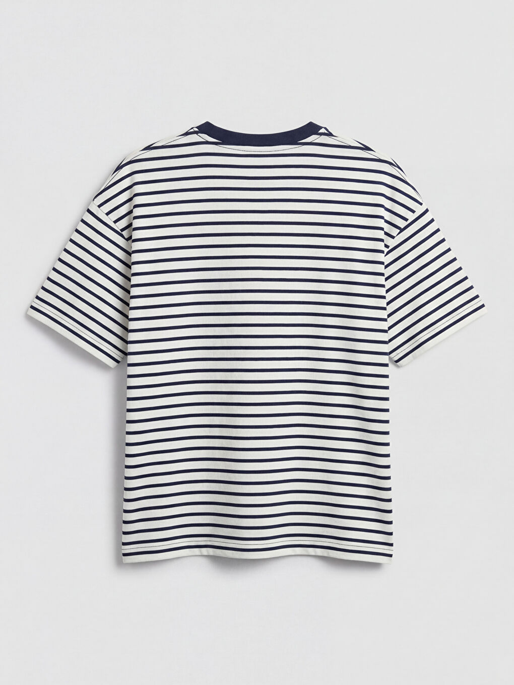 Lacivert Bisiklet Yaka Çizgili Oversize Kadın Tişört-1