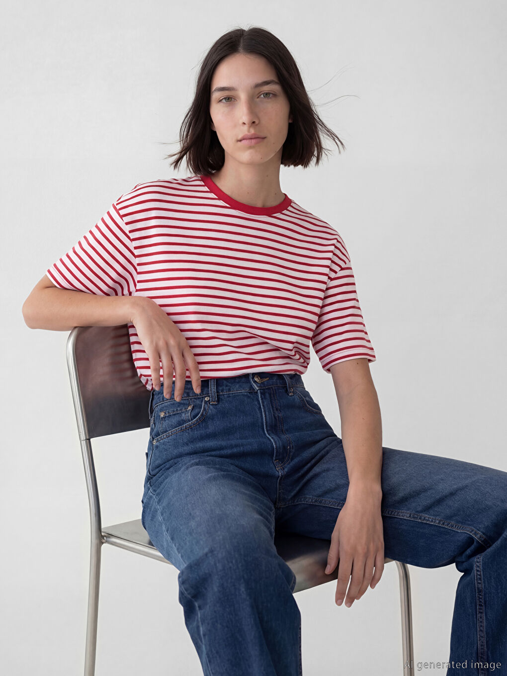 Kırmızı Bisiklet Yaka Çizgili Oversize Kadın Tişört