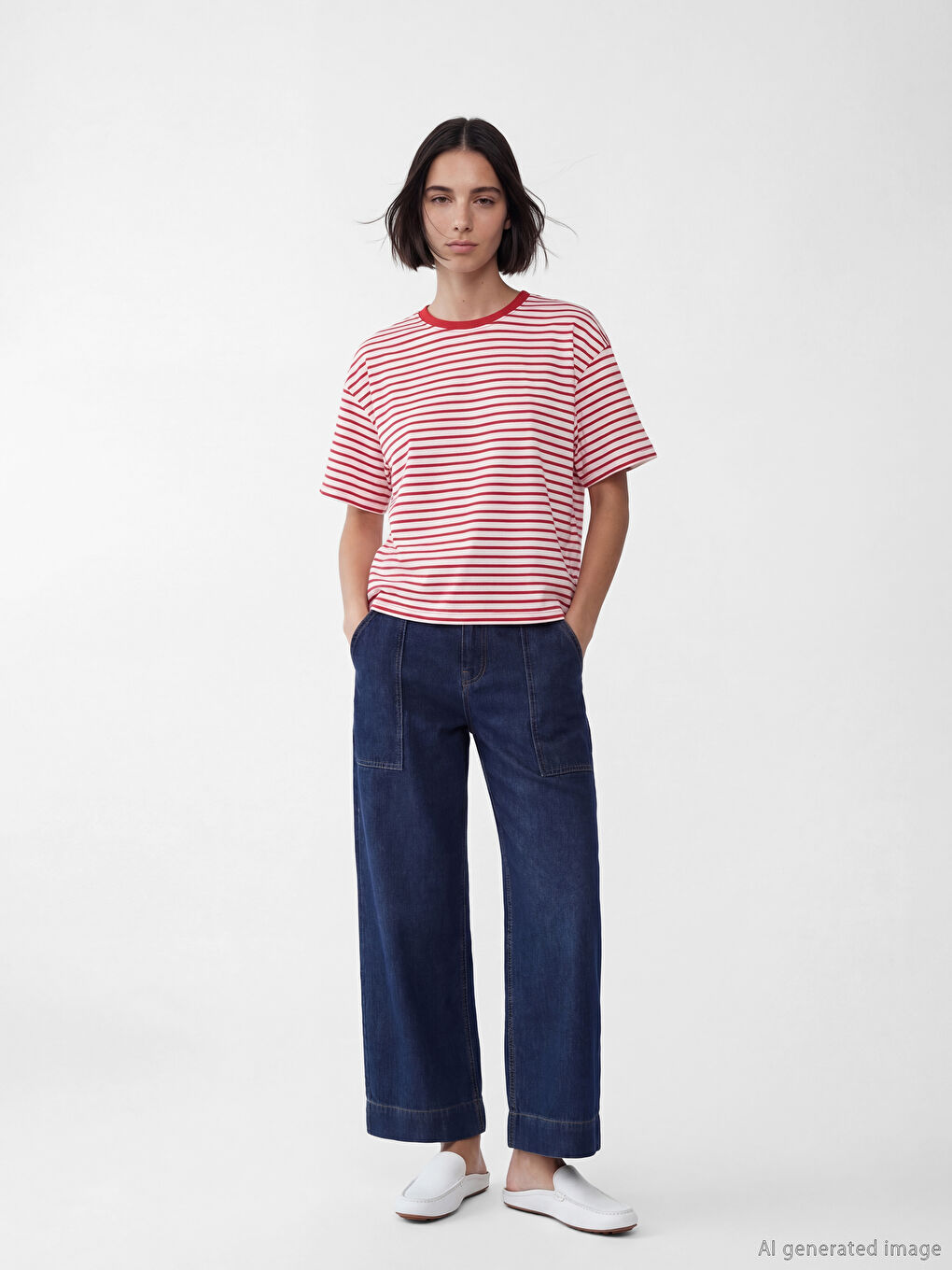 Kırmızı Bisiklet Yaka Çizgili Oversize Kadın Tişört-1