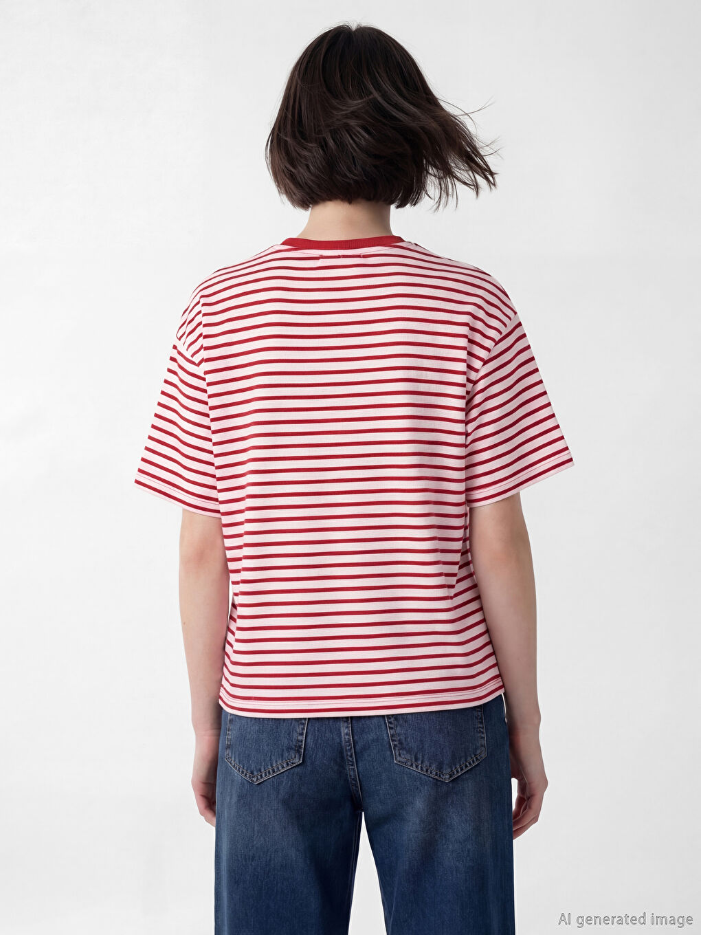 Kırmızı Bisiklet Yaka Çizgili Oversize Kadın Tişört-2
