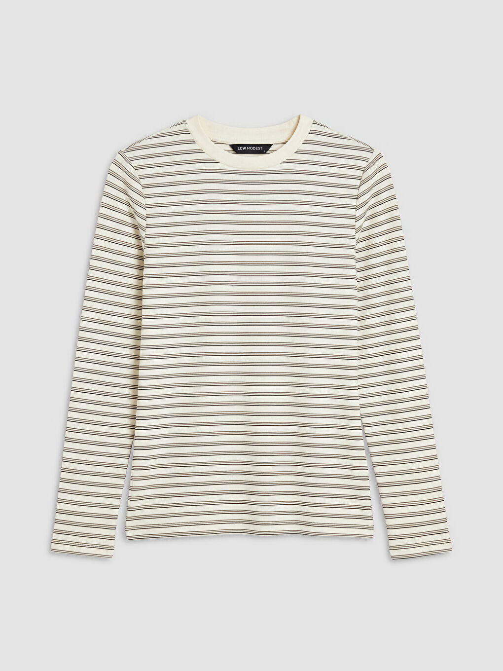 Ekru Bisiklet Yaka Çizgili Kadın Tişört-4