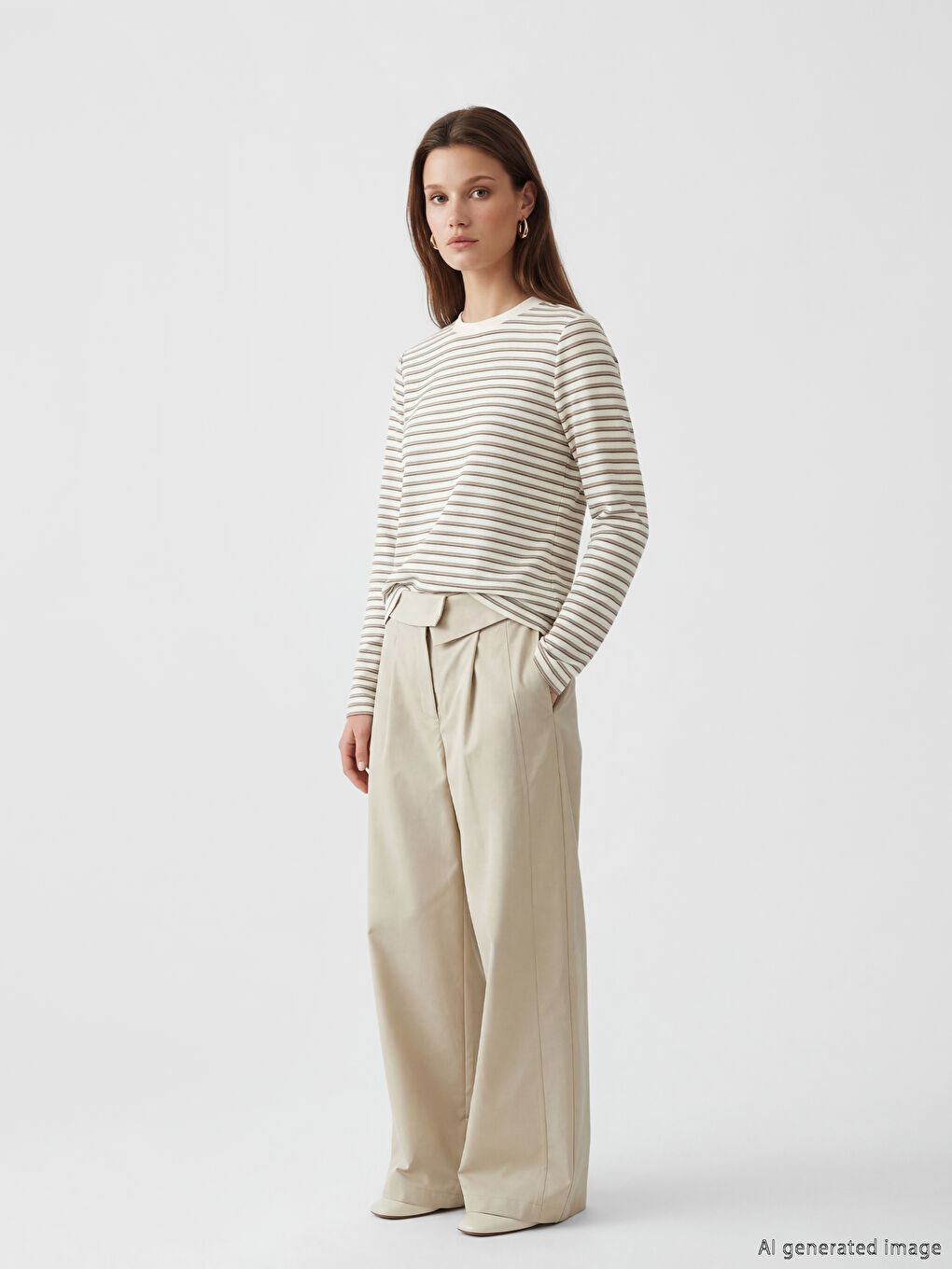 Ekru Bisiklet Yaka Çizgili Kadın Tişört-1