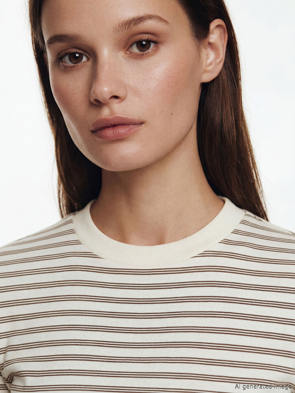 Ekru Bisiklet Yaka Çizgili Kadın Tişört-2