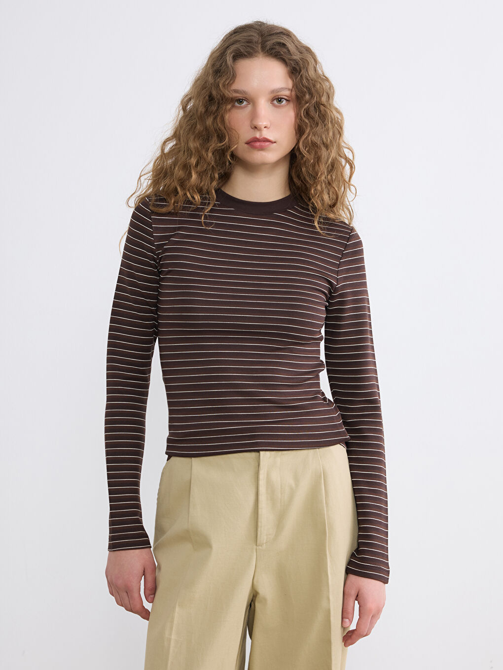 Karışık Bisiklet Yaka Çizgili Kadın Tişört