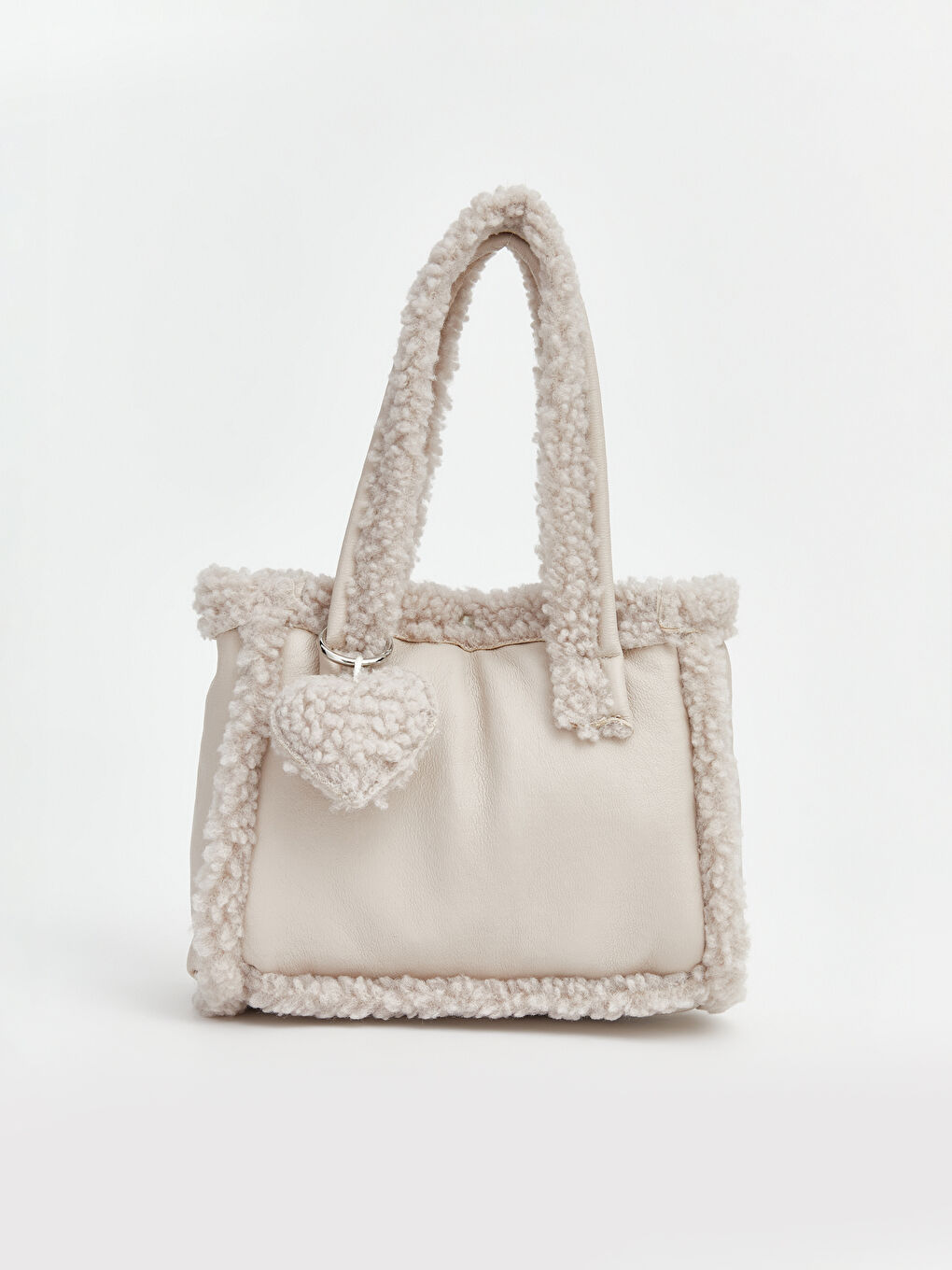 Ekru Kalp Aksesuarlı Kız Çocuk Pelüş Kol Çantası