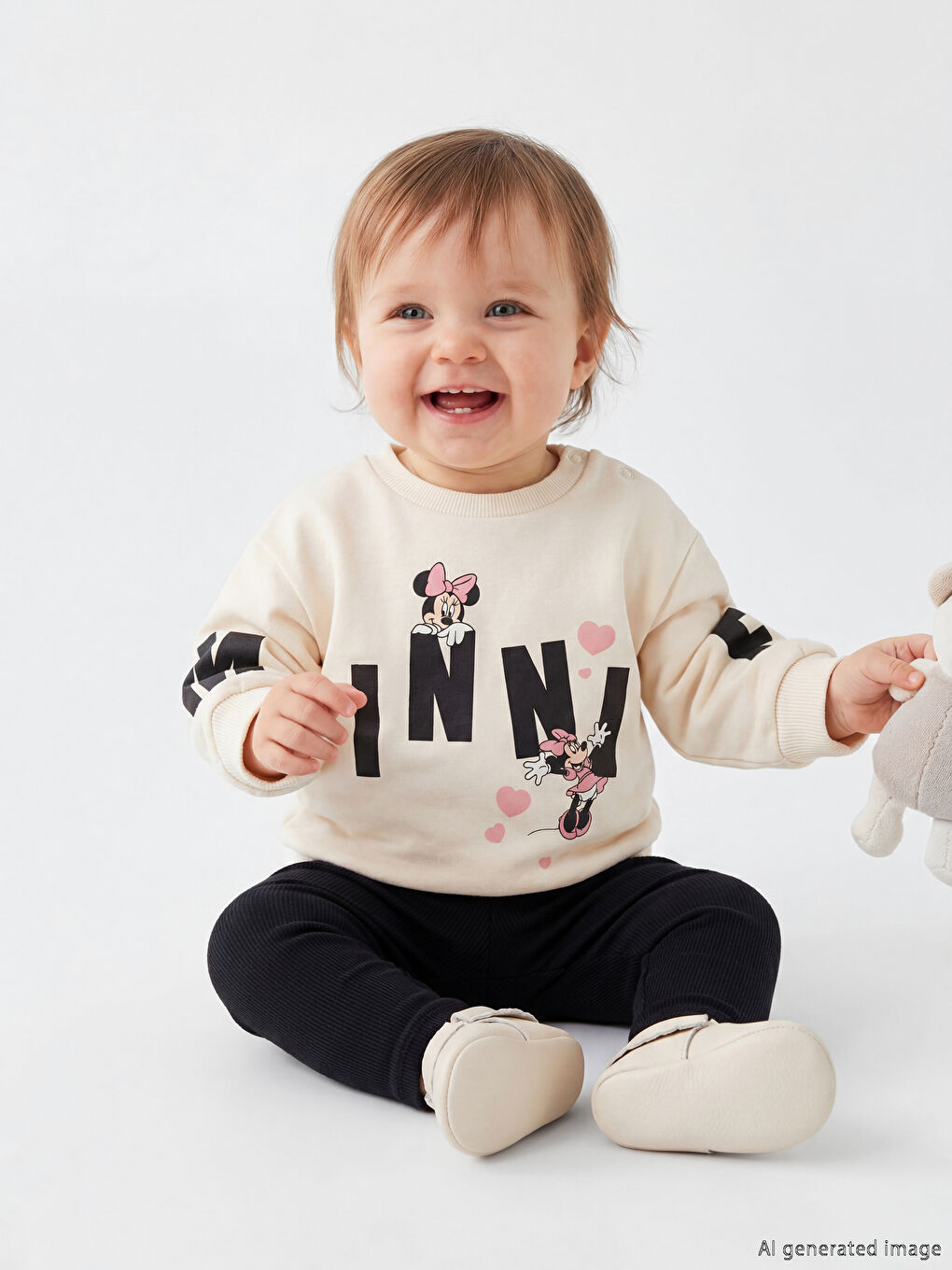 Ekru Minnie Mouse Baskılı Kız Bebek Takım