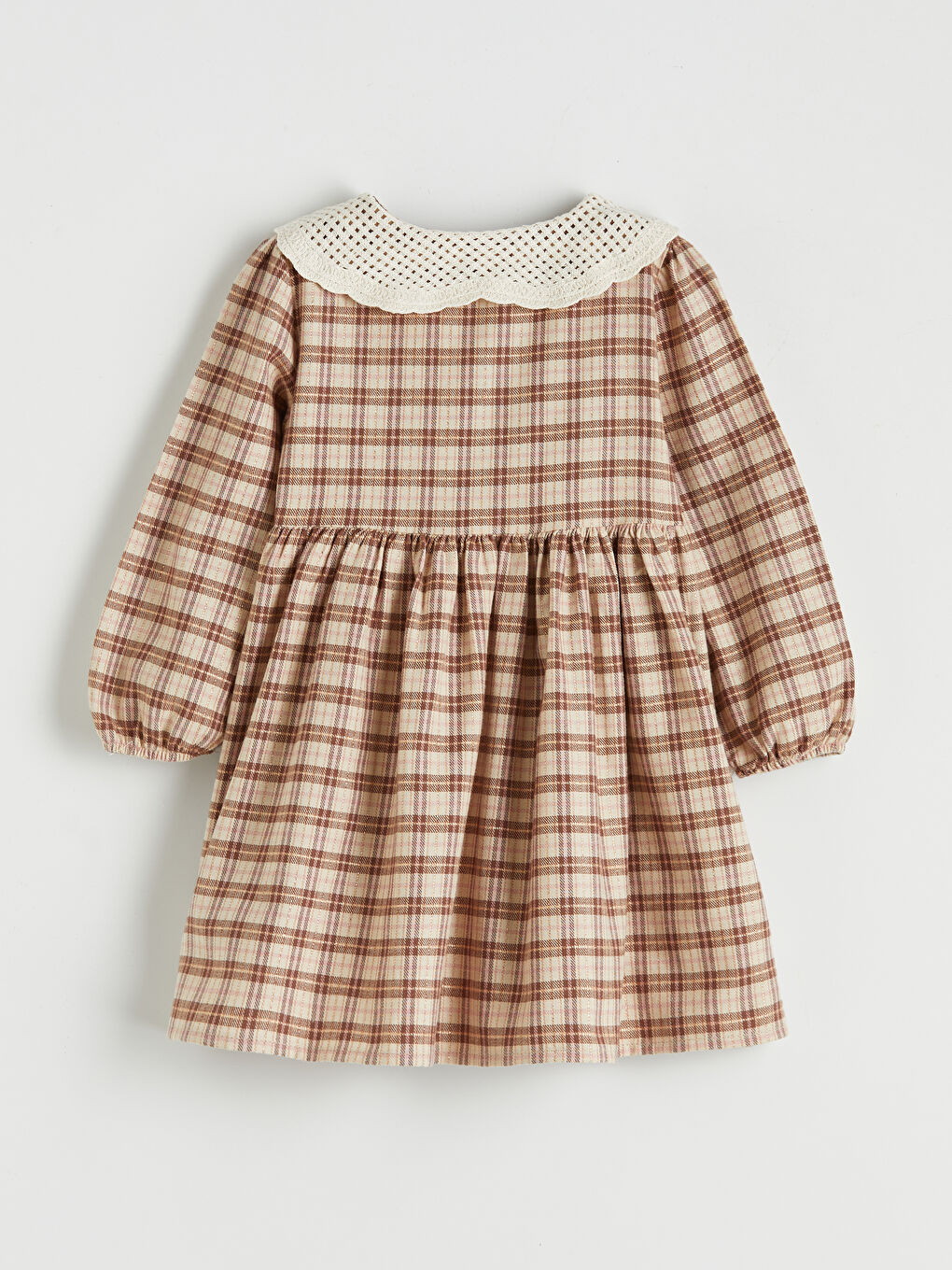 Bej Bebe Yaka Ekose Flanel Kız Çocuk Elbise	-1