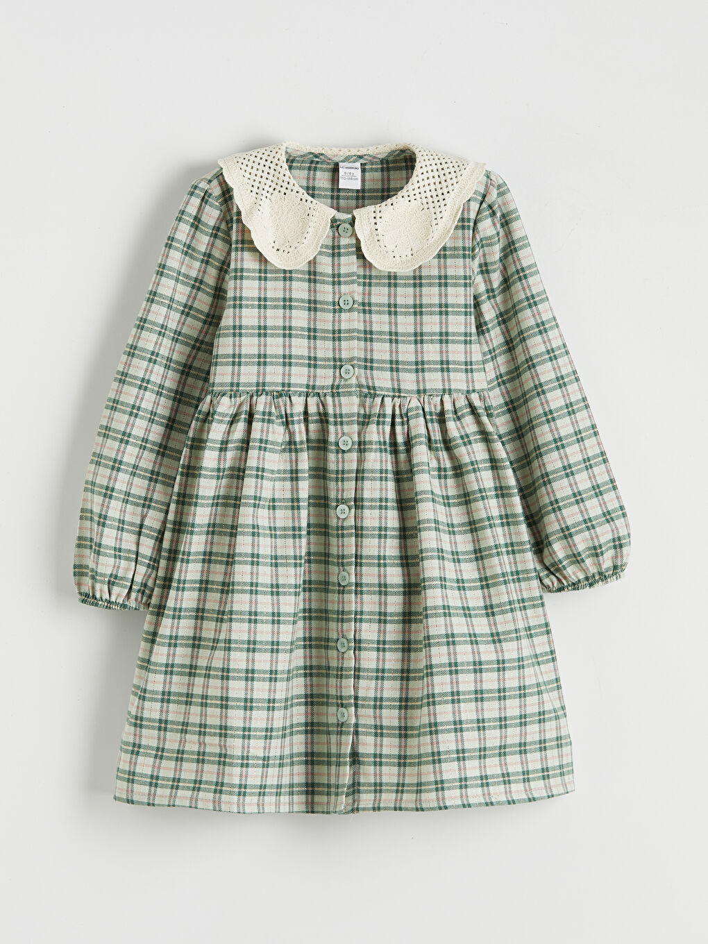 Yeşil Bebe Yaka Ekose Flanel Kız Çocuk Elbise