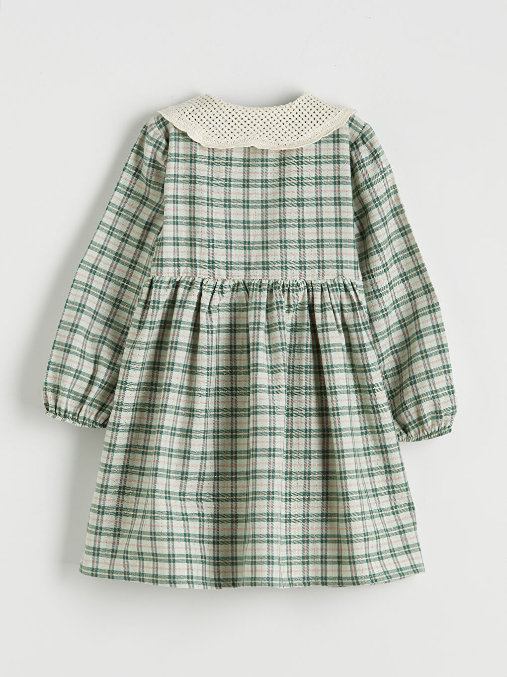 Yeşil Bebe Yaka Ekose Flanel Kız Çocuk Elbise-1