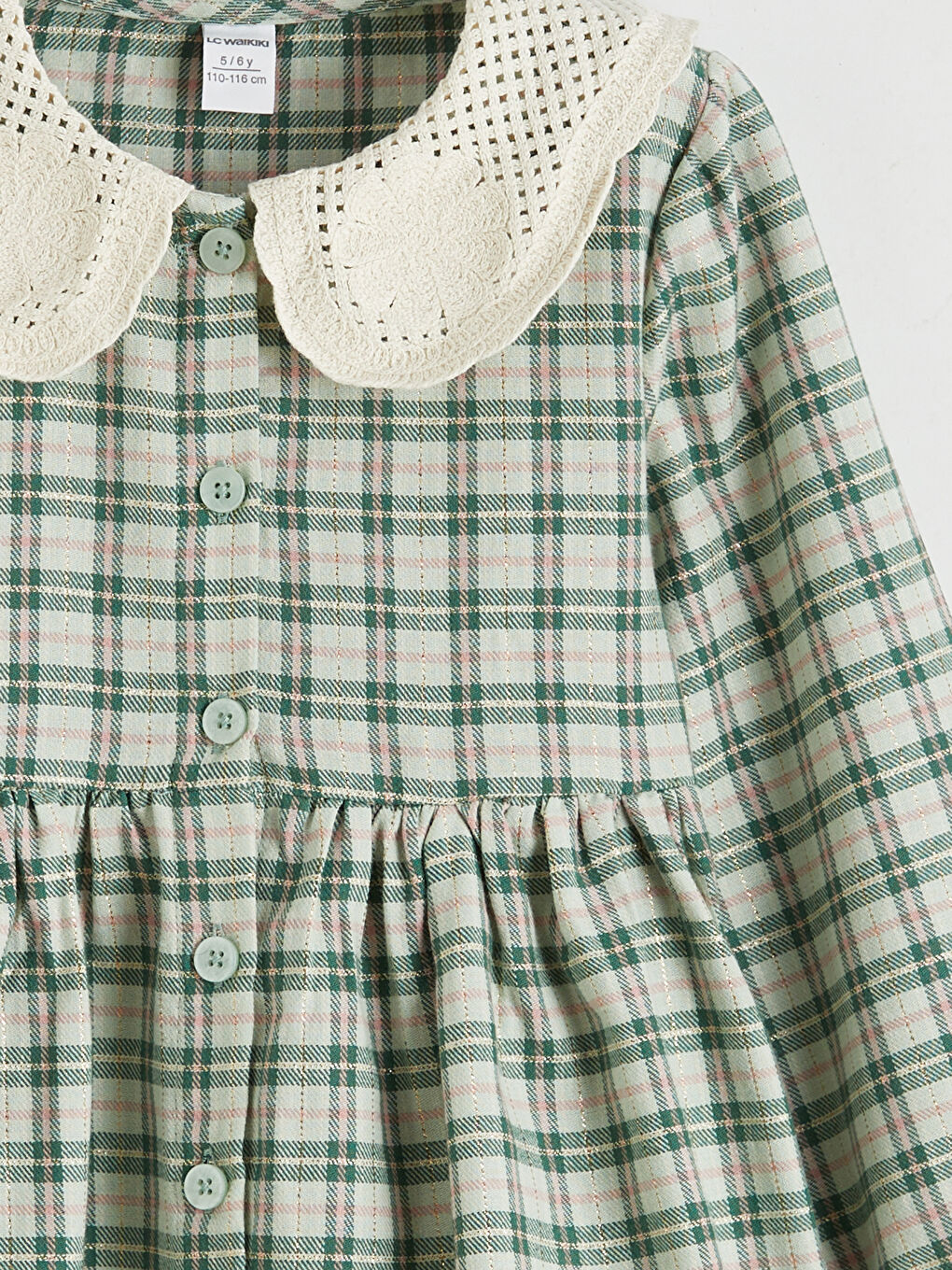 Yeşil Bebe Yaka Ekose Flanel Kız Çocuk Elbise-2