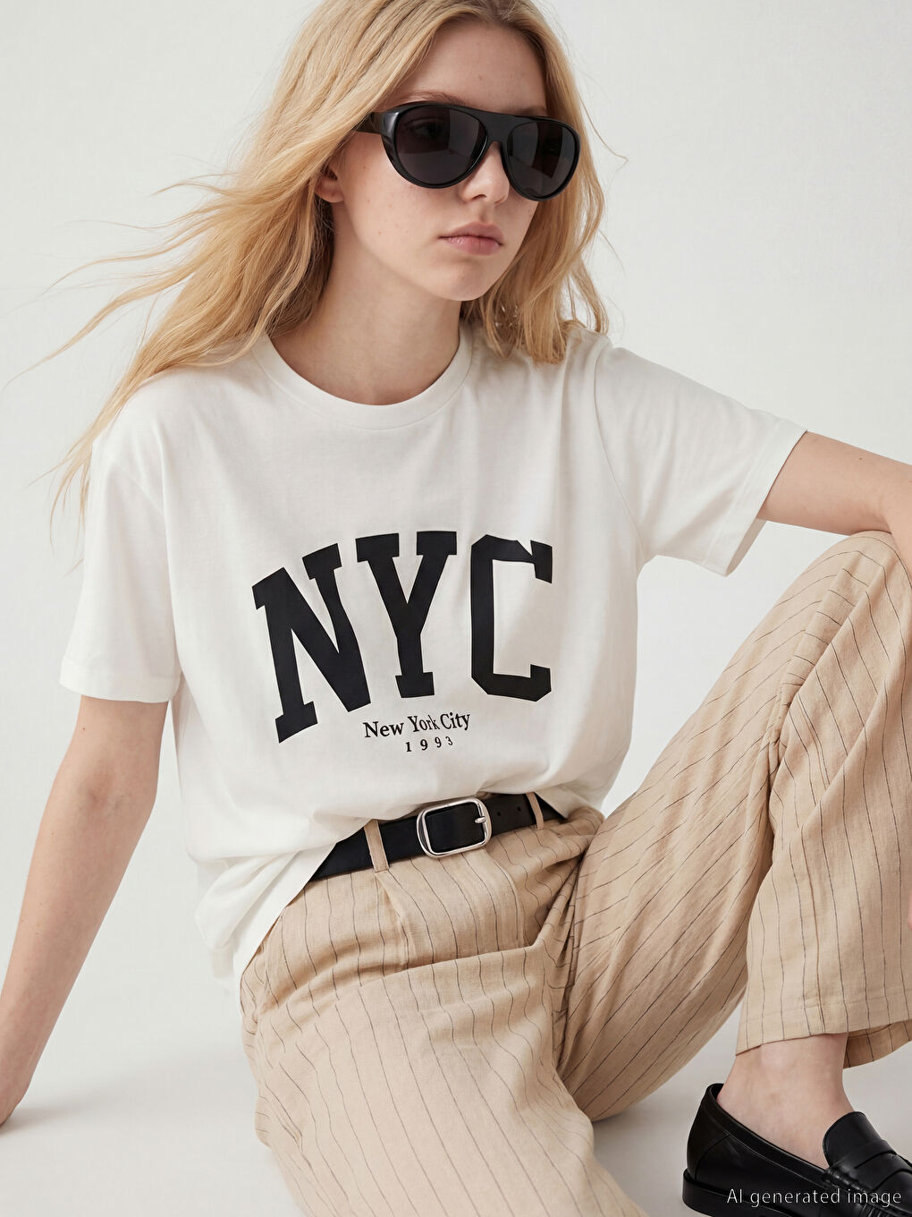 Ekru New York City Baskılı Kadın Tişört