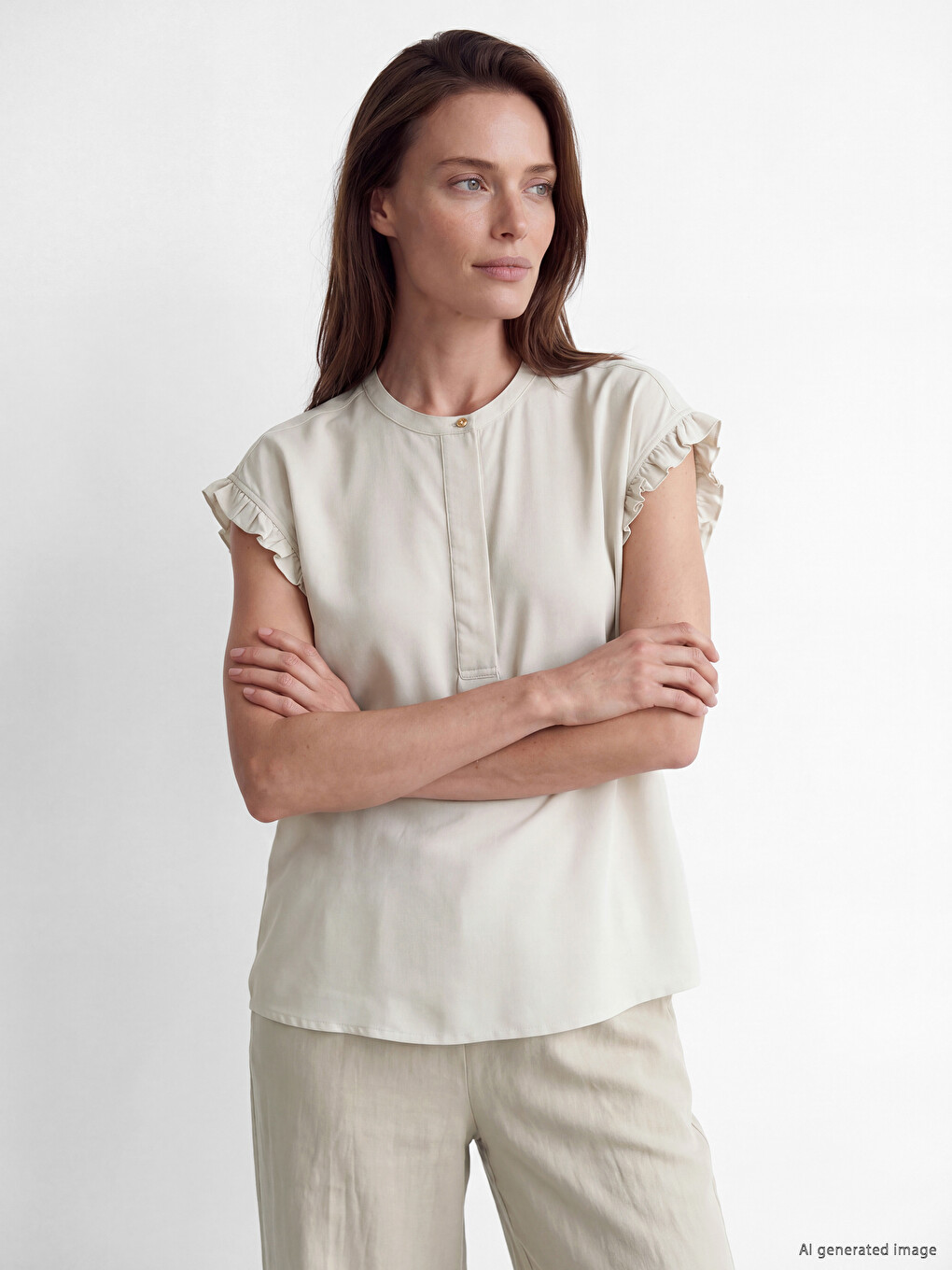 Grandad Collar Frilled Blouse