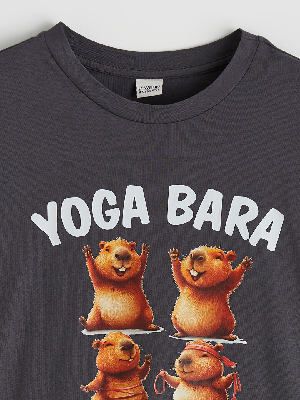 Antrasit Bisiklet Yaka Baskılı Kız Çocuk Tişört-1