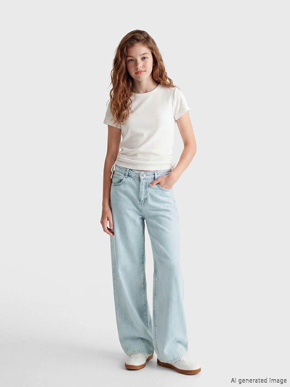 Mavi Wideleg Taşlı Kız Çocuk Jean Pantolon