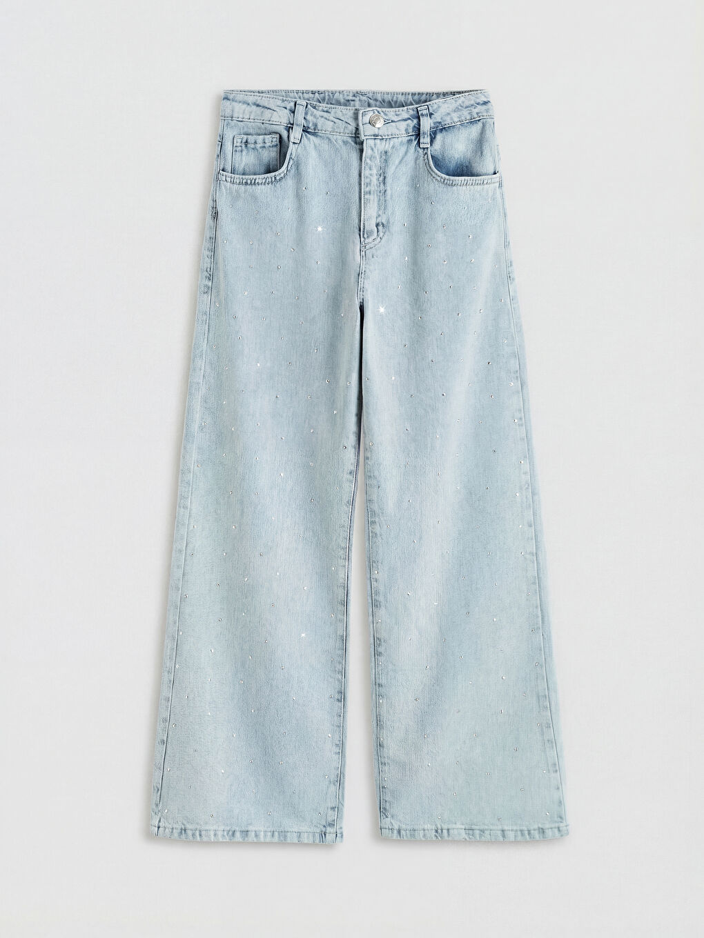 Mavi Wideleg Taşlı Kız Çocuk Jean Pantolon-1