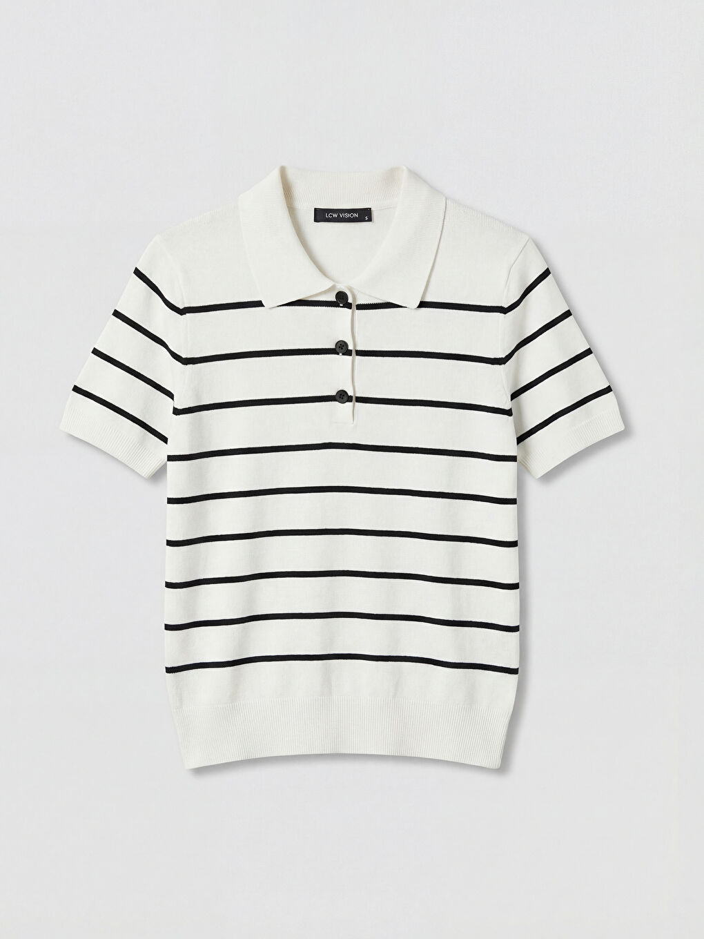 Ekru Polo Yaka Çizgili Kadın Triko Kazak