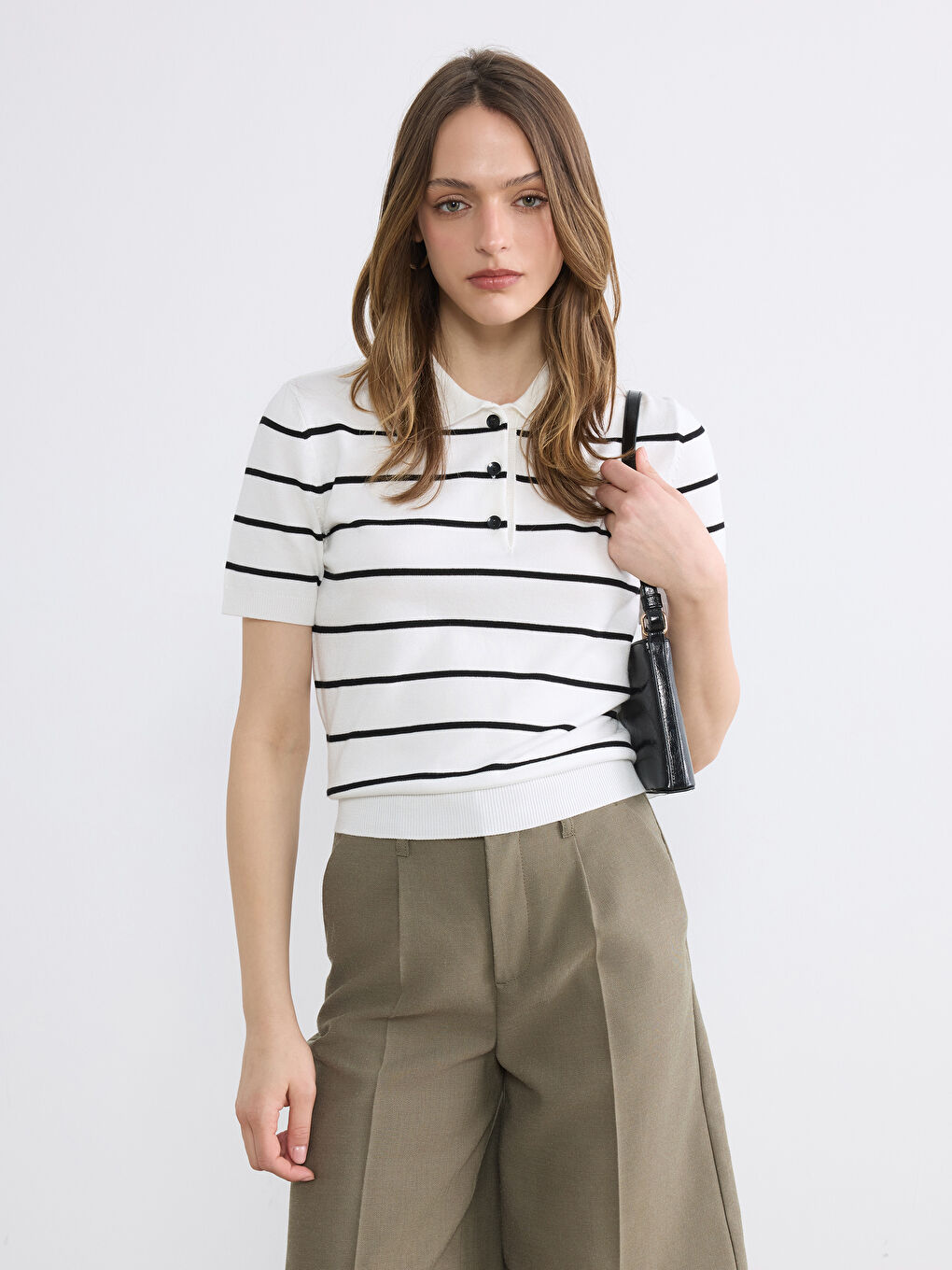 Polo Collar Striped Women's Knitwear Sweater