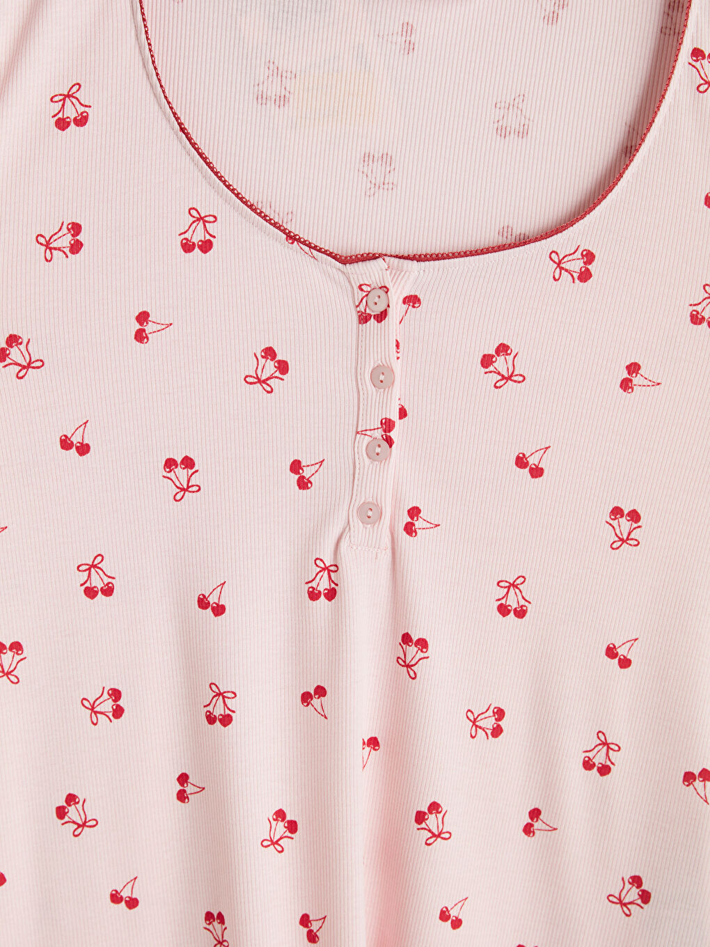 Pembe U Yaka Kiraz Desenli Kadın Pijama Takım-5