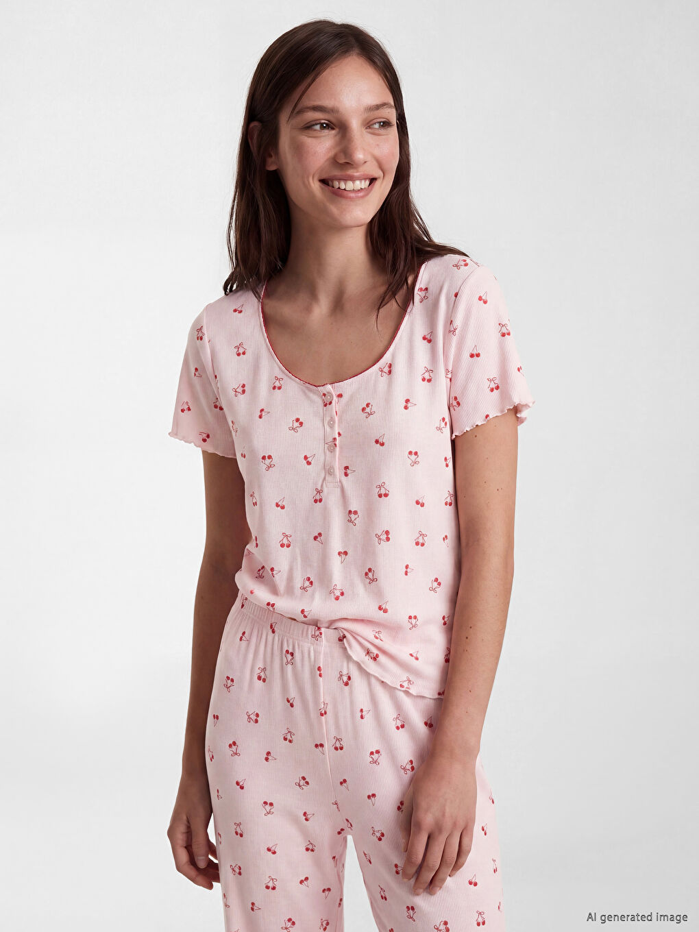 Pidžama komplet sa trešnjastim dezenom za žene sa U izrezom-1